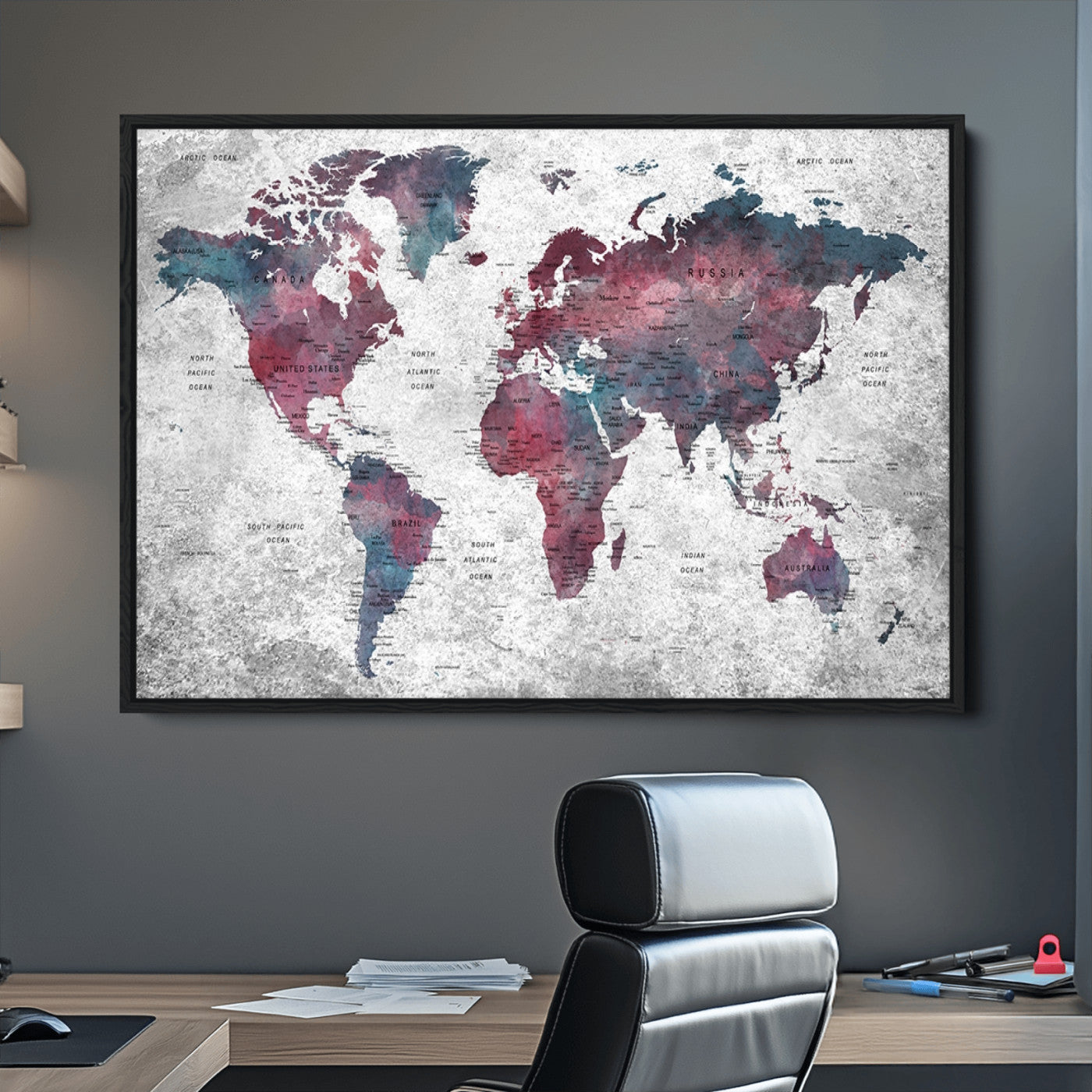 Push Pin World Map Canvas Print – Framed Wall Art for Couples to Track Their Travels – Anniversary Gift or Home Adventure Decor