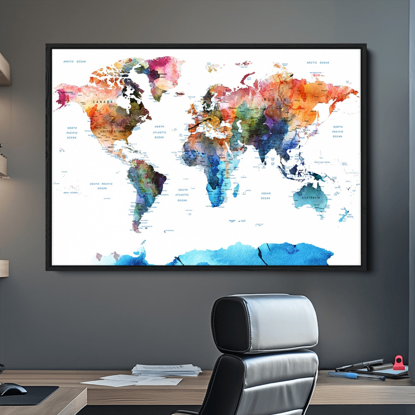Push Pin World Map Canvas Print – Framed Wall Art for Couples to Track Their Travels – Anniversary Gift or Home Adventure Decor
