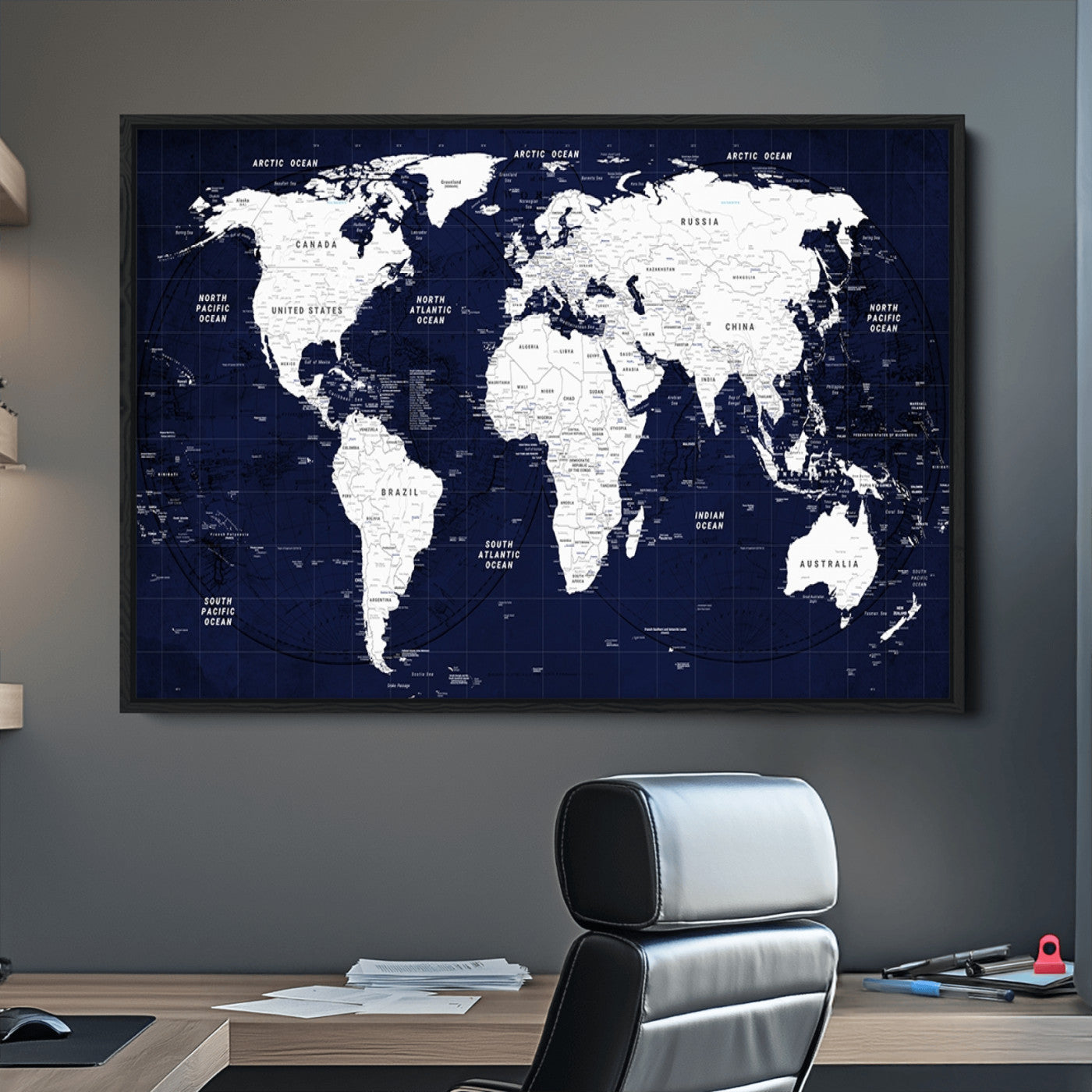 Push Pin World Map Canvas Print – Framed Wall Art for Couples to Track Their Travels – Anniversary Gift or Home Adventure Decor