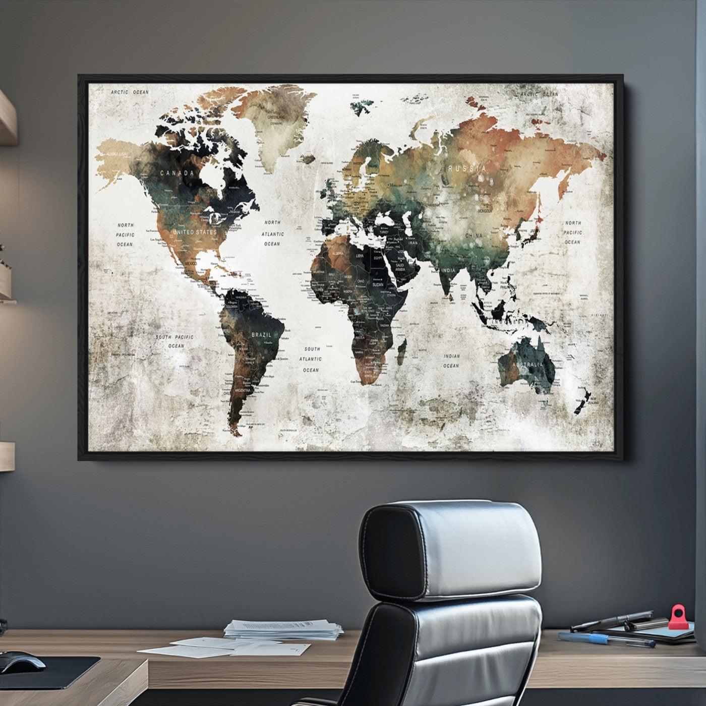 Push Pin World Map Canvas Print – Framed Wall Art for Couples to Track Their Travels – Anniversary Gift or Home Adventure Decor