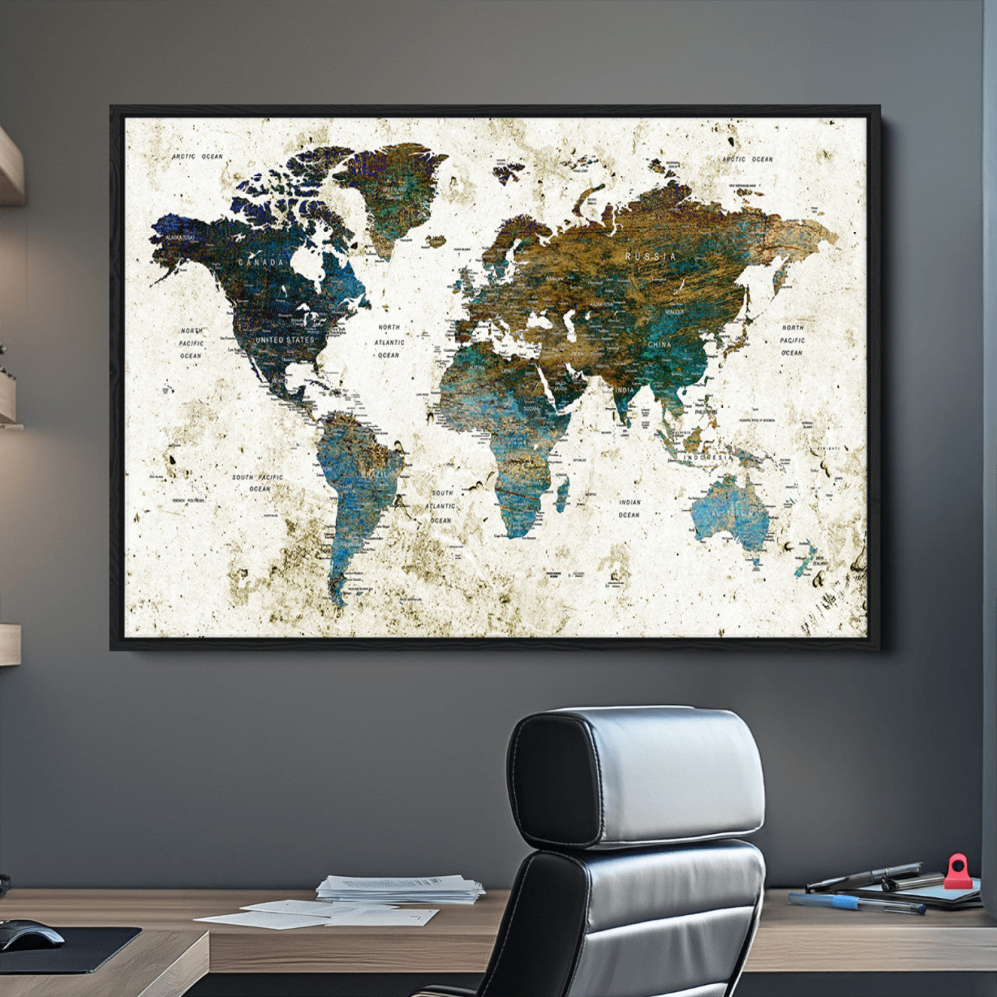 Push Pin World Map Canvas Print – Framed Wall Art for Couples to Track Their Travels – Anniversary Gift or Home Adventure Decor