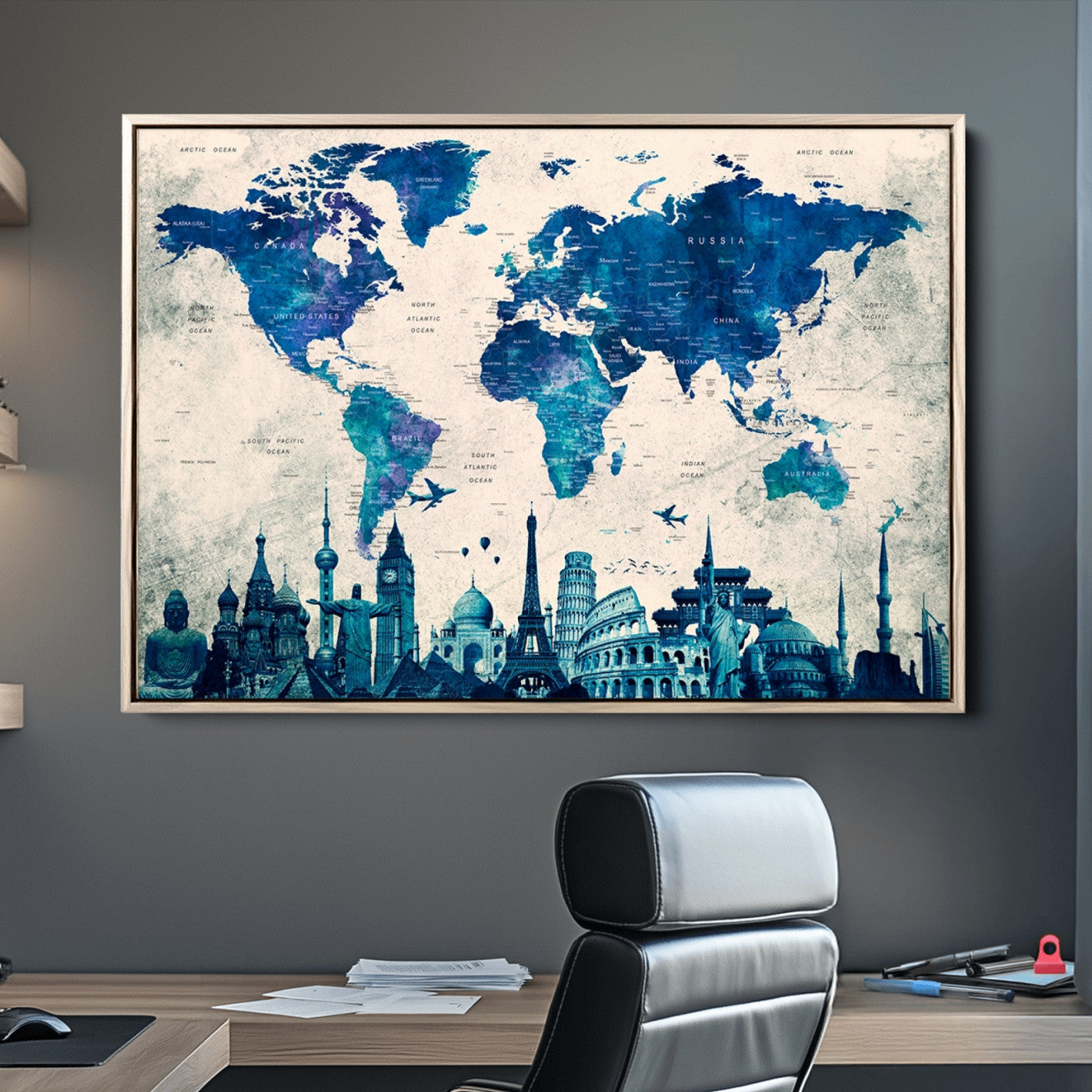 Navy Blue World Map Canvas Print, Wonder of World Map Push Pin Canvas Print