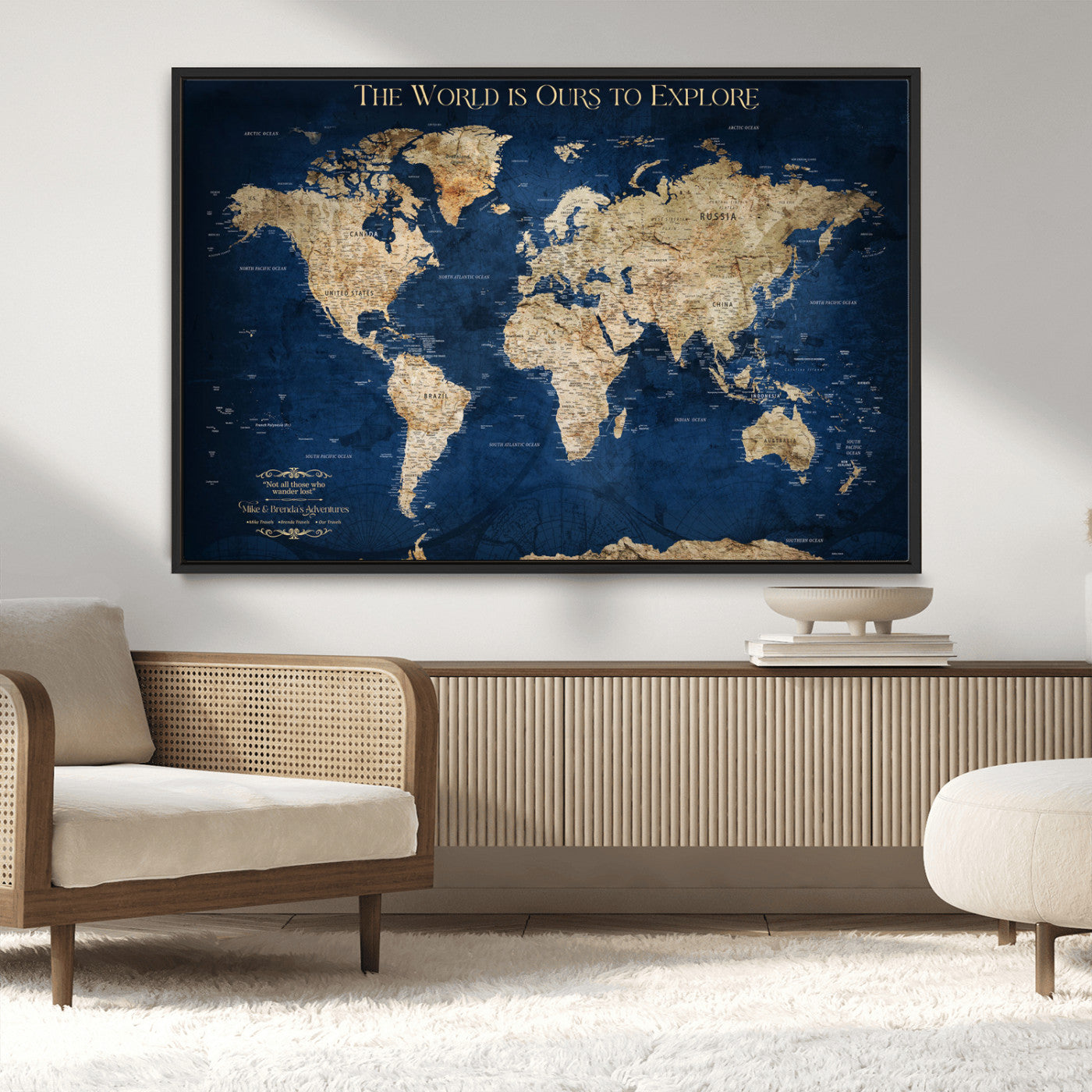 Custom World Map Wall Art – Personalized Framed Canvas Print with Push Pins for Travel Tracking, Anniversary or Couple Gift Ideas - H2-2