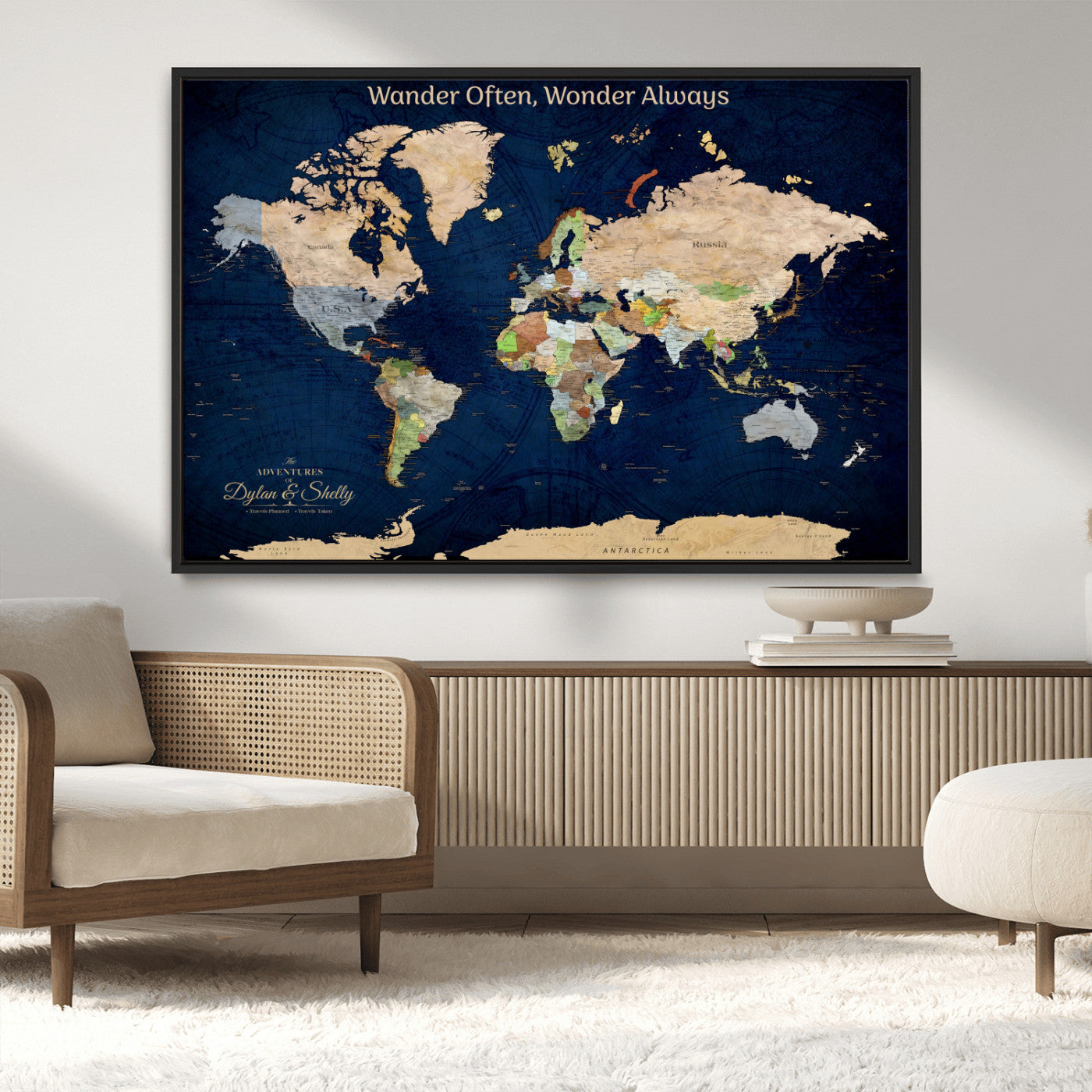 12399561-MGV-CV-30X20-Personalized World Map Print, Customizable Push Pin Framed World Map Print on Canvas - Custom Quote on Map Print