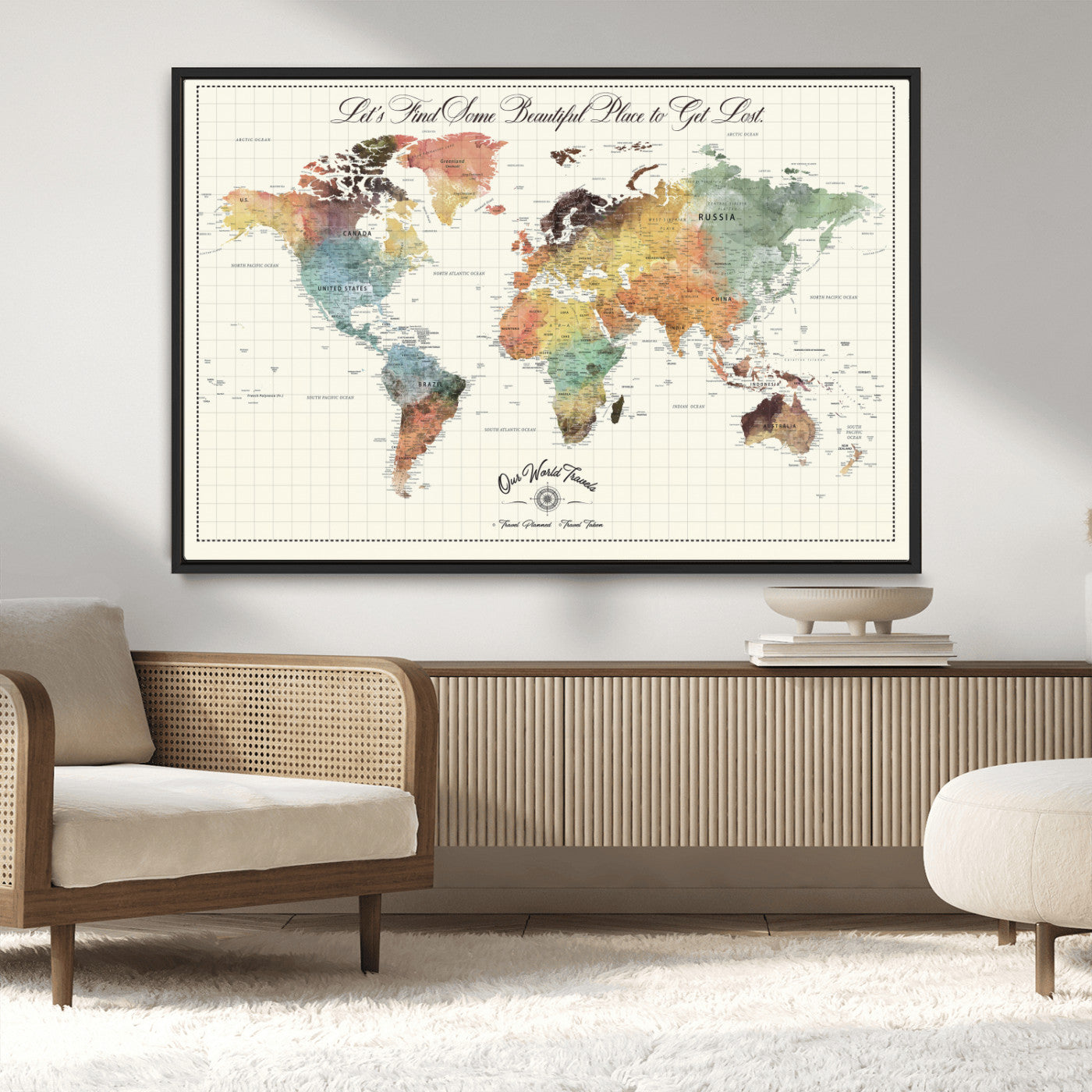 29289638-MGV-CV-36X24-Personalized World Map Print - Customizable Push Pin Framed World Map Print on Canvas - Custom Quote on Map Print