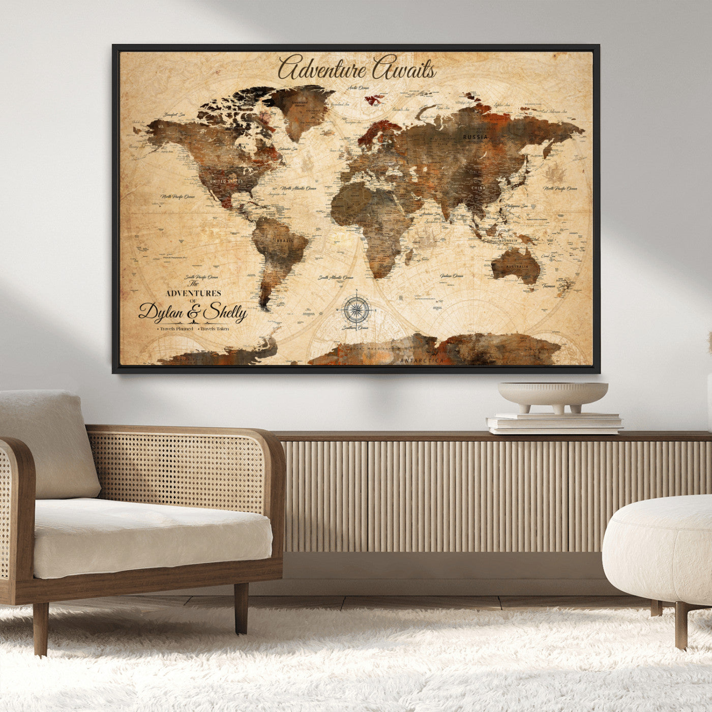 66357947-MGV-CV-36X24-Personalized World Map Print, Customizable Push Pin Framed World Map Print on Canvas - Custom Quote on Map Print