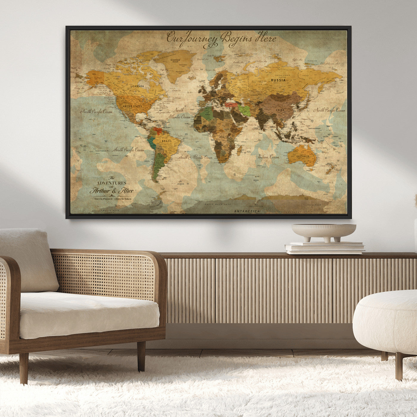 75523223-MGV-FC-36X24_Black-Custom Push Pin World Map Wall Canvas Print – Personalized Travel Tracker with Pins – Framed Custom Quotie Canvas for Home Office