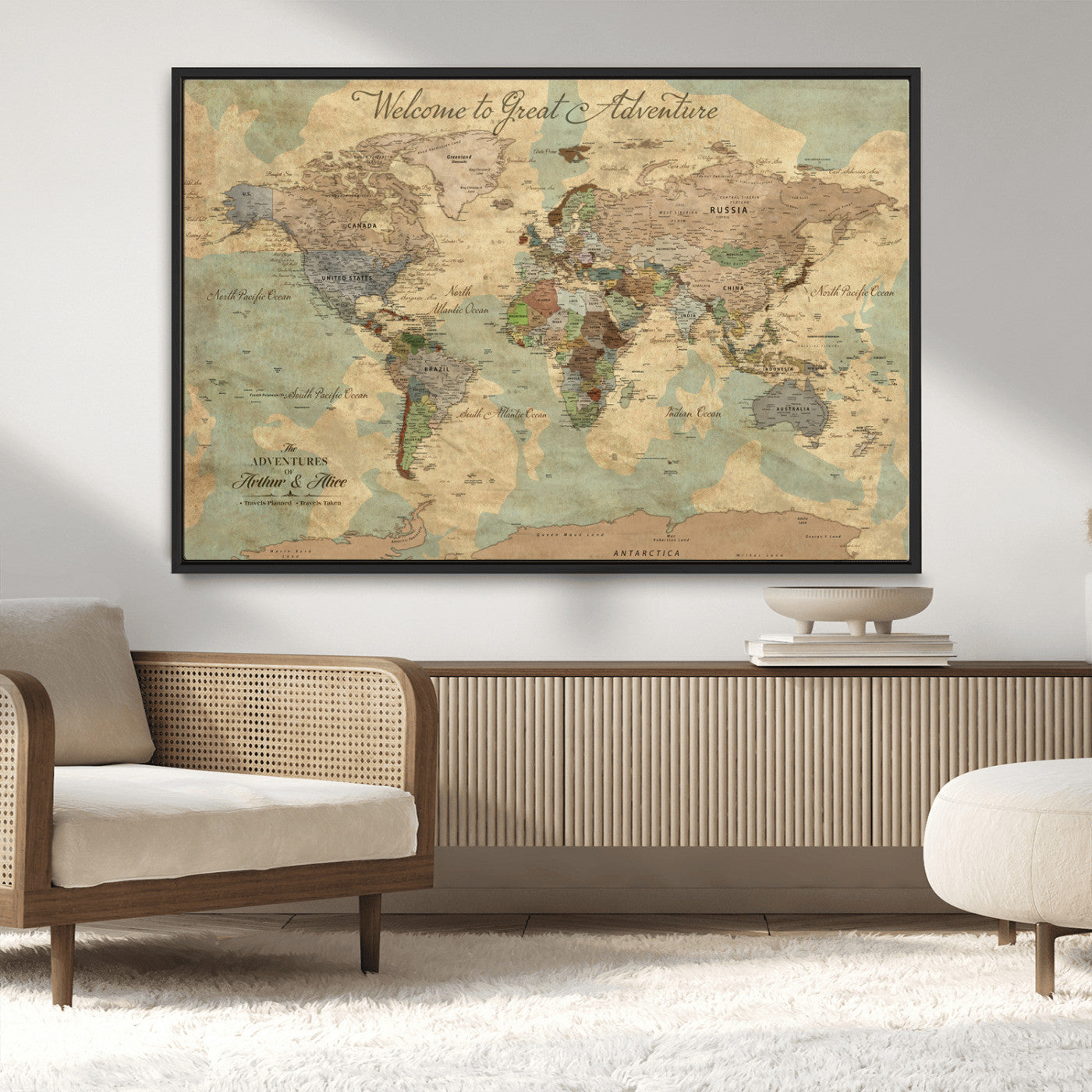 17693651-MGV-CV-36X24-Custom Push Pin World Map Wall Canvas Print – Personalized Travel Tracker with Pins – Framed Custom Quotie Canvas for Home Office Decor Art Print