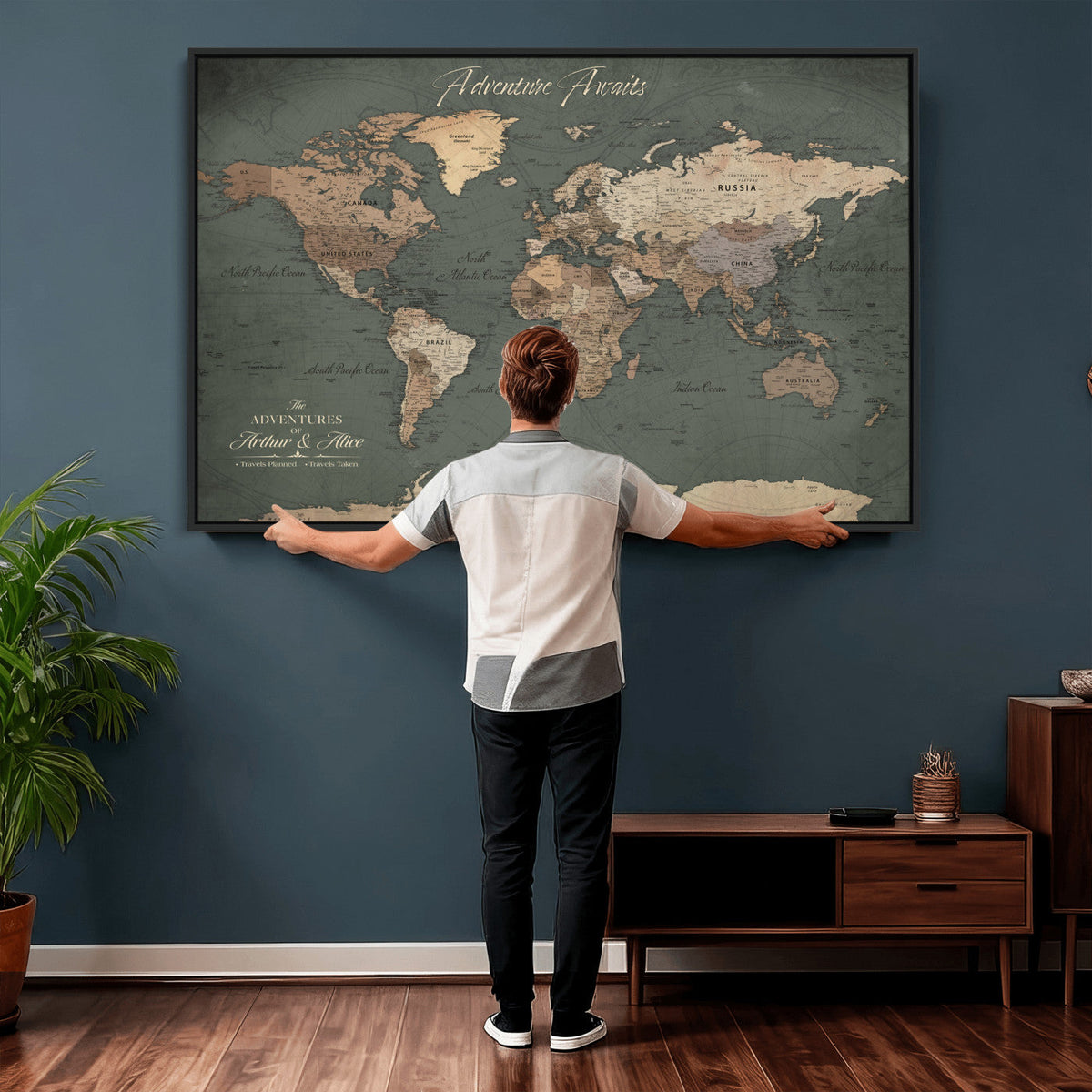 Personalized Framed Beige Modern World Map Canvas with Push Pins, Bucket List Map, Family Room and Dining Room Decor