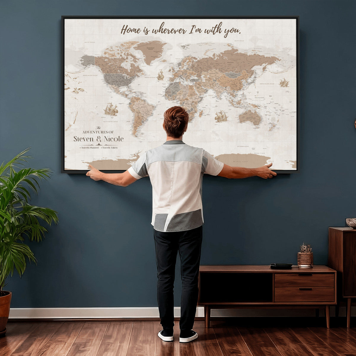 Personalized Push Pin Travel Map Canvas Print, Honeymoon and Anniversary Gift, Family Room and Hallway Decor