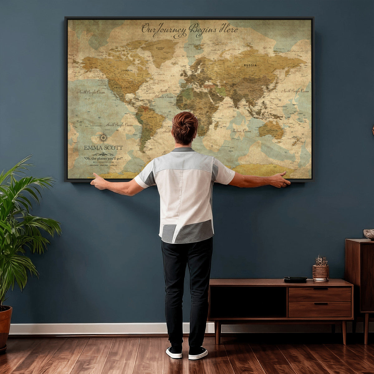 Personalized Navy Push Pin Travel Map Canvas Print, Couples Countries Visited Map, Living Room and Dining Room Decor