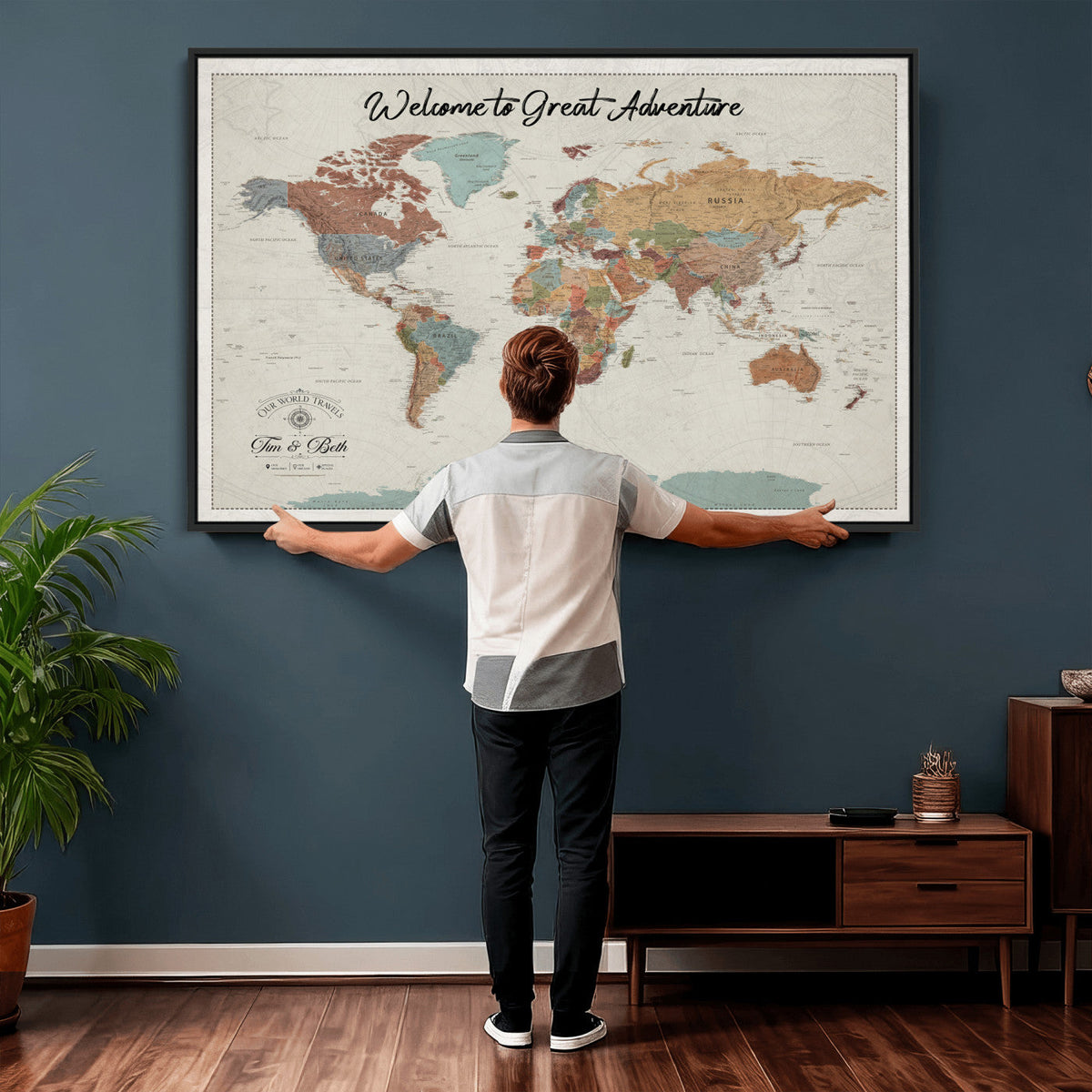 Custom Beige Push Pin World Map Canvas Print, Bucket List Map, Dining Room and Home Office Decor