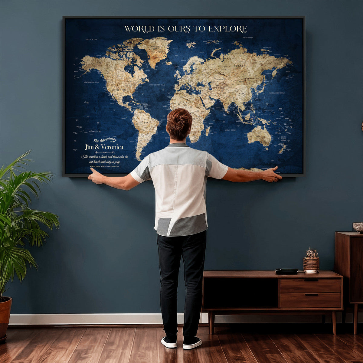 35296308-MGV-CV-36X24 - Custom Push Pin World Map Wall Art Canvas Print | Personalized Travel Tracker with Pins Framed Large for Home and Office Decor