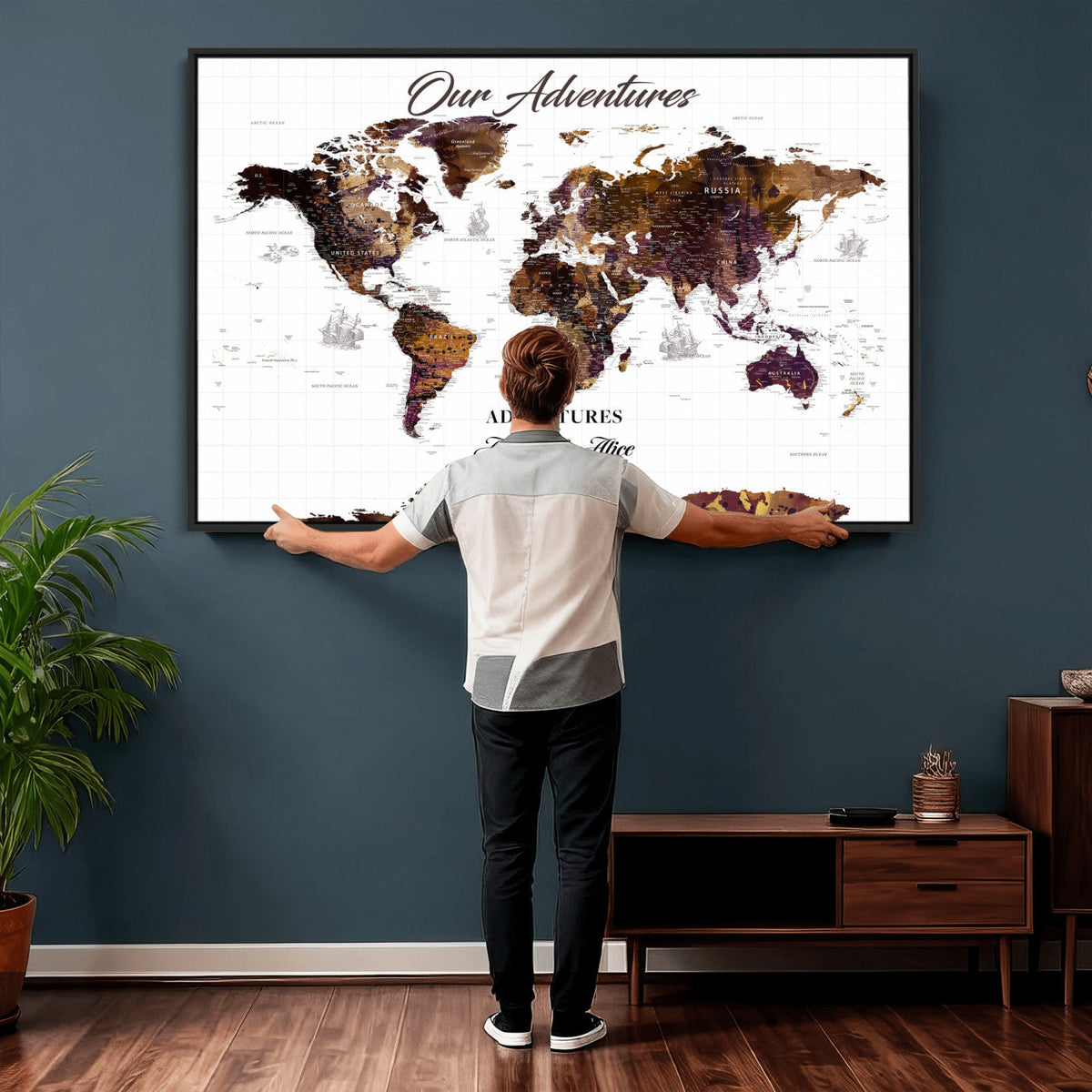 Personalized Framed Beige Vintage Push Pin Travel Map Canvas Print, Next Trip Planner Map, Home Office and Entryway Decor