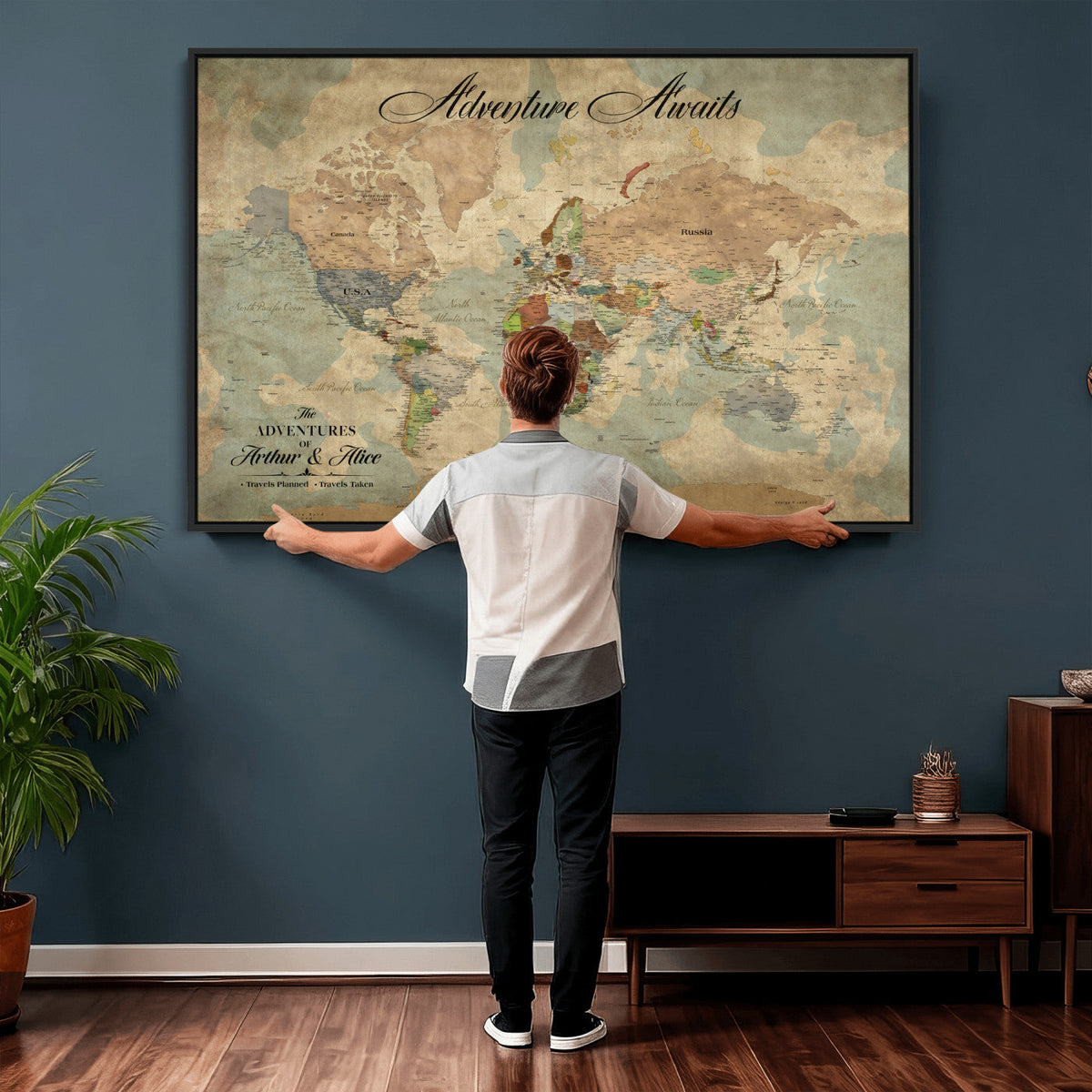 Custom Beige World Travel Map Wall Art with Pins, Bucket List Map, Dining Room and Study Decor