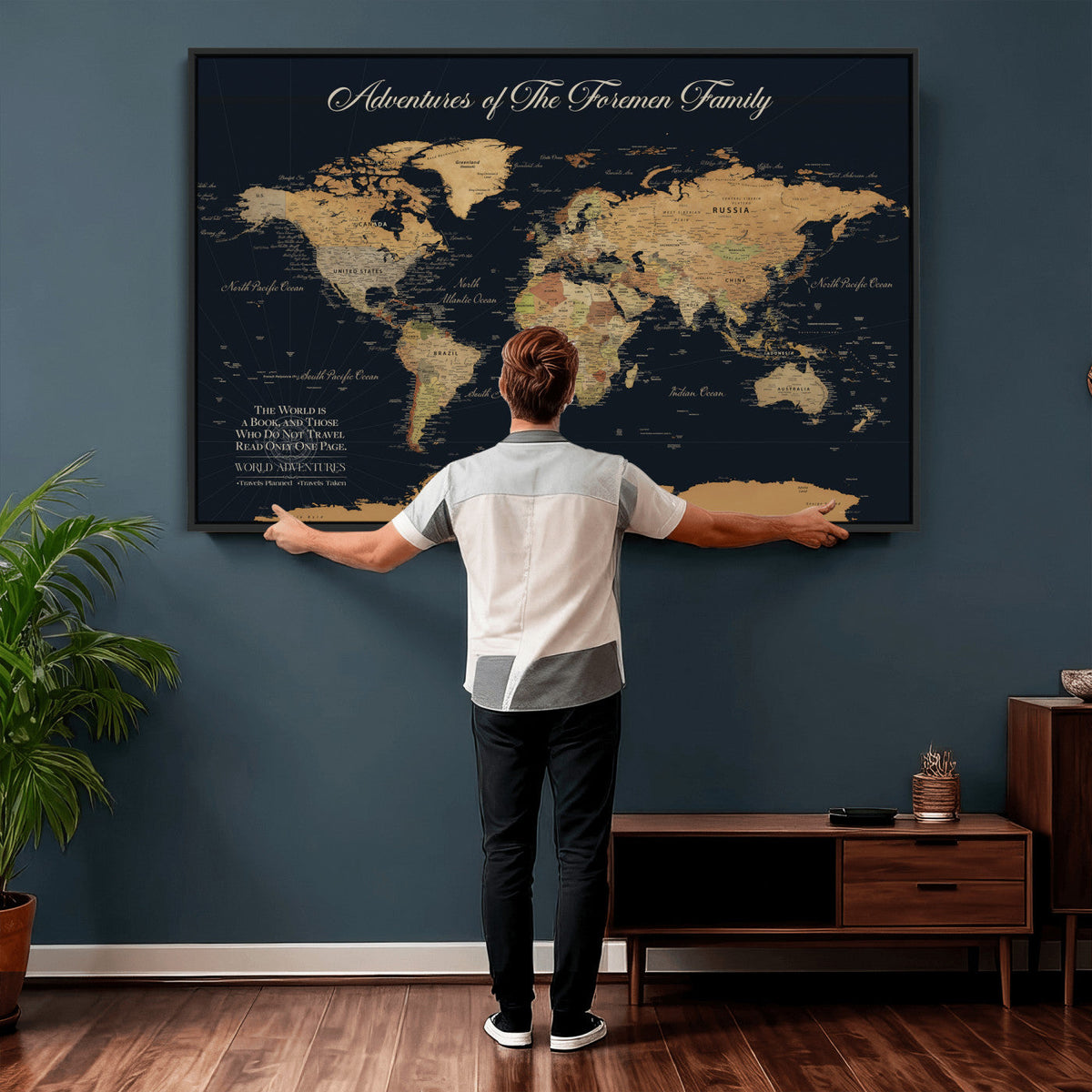 Personalized White Minimalist World Travel Map Wall Art with Pins, Places Visited Tracker, Entryway and Hallway Decor