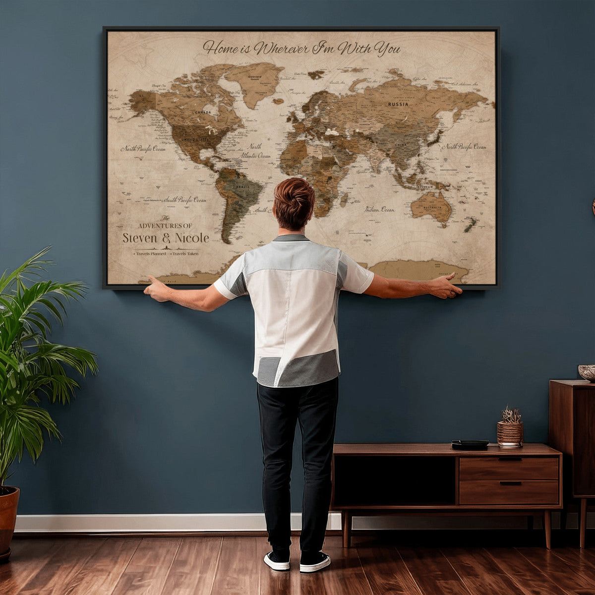 Personalized Framed Beige World Map Canvas with Push Pins, Honeymoon and Anniversary Gift, Living Room and Hallway Decor