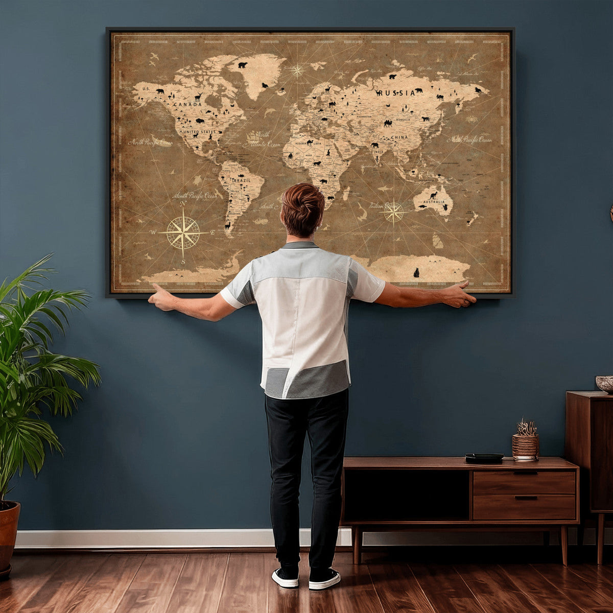 16235283-MGV-CV-36X24 - Custom World Travel Map Wall Art with Pins, Family Travel Tracker, Living Room and Bedroom Decor