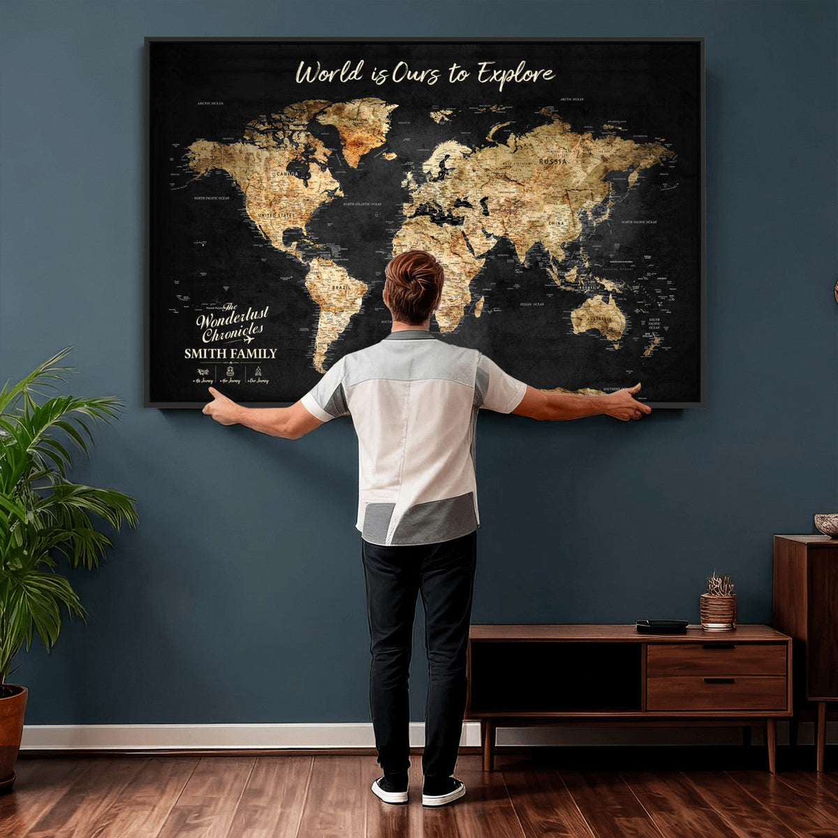 73732636-MGV-CV-36X24 - Custom Push Pin World Map Wall Art Canvas Print | Personalized Travel Tracker with Pins Framed Large for Home and Office Decor