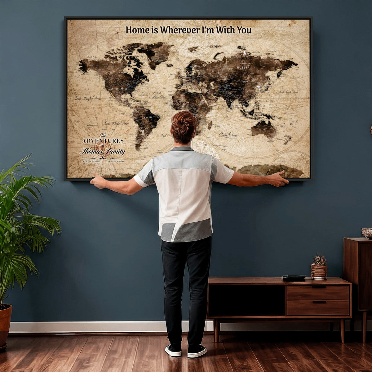 Personalized Framed Beige Modern World Travel Map Wall Art with Pins, Family Adventure Map, Living Room and Hallway Decor