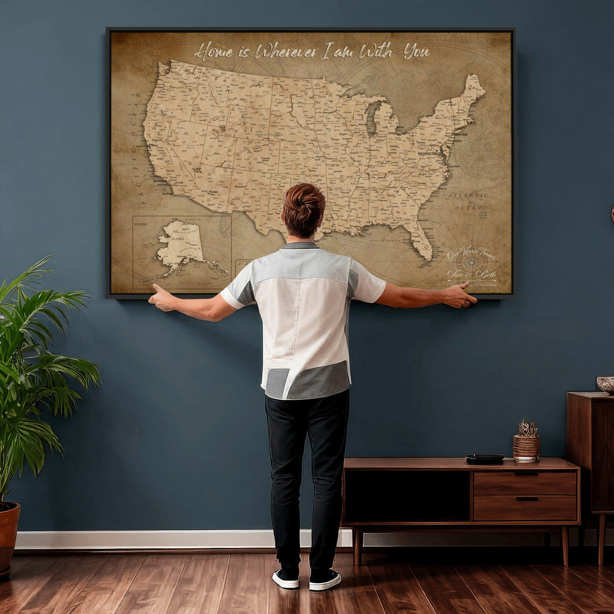 21454917-MGV-CV-36X24 - Personalized USA Push Pin Travel Map, Custom United States Map, Push Pin Map, USA Bucket List Map, Anniversary Gift | Couple Travel Map Wall Art