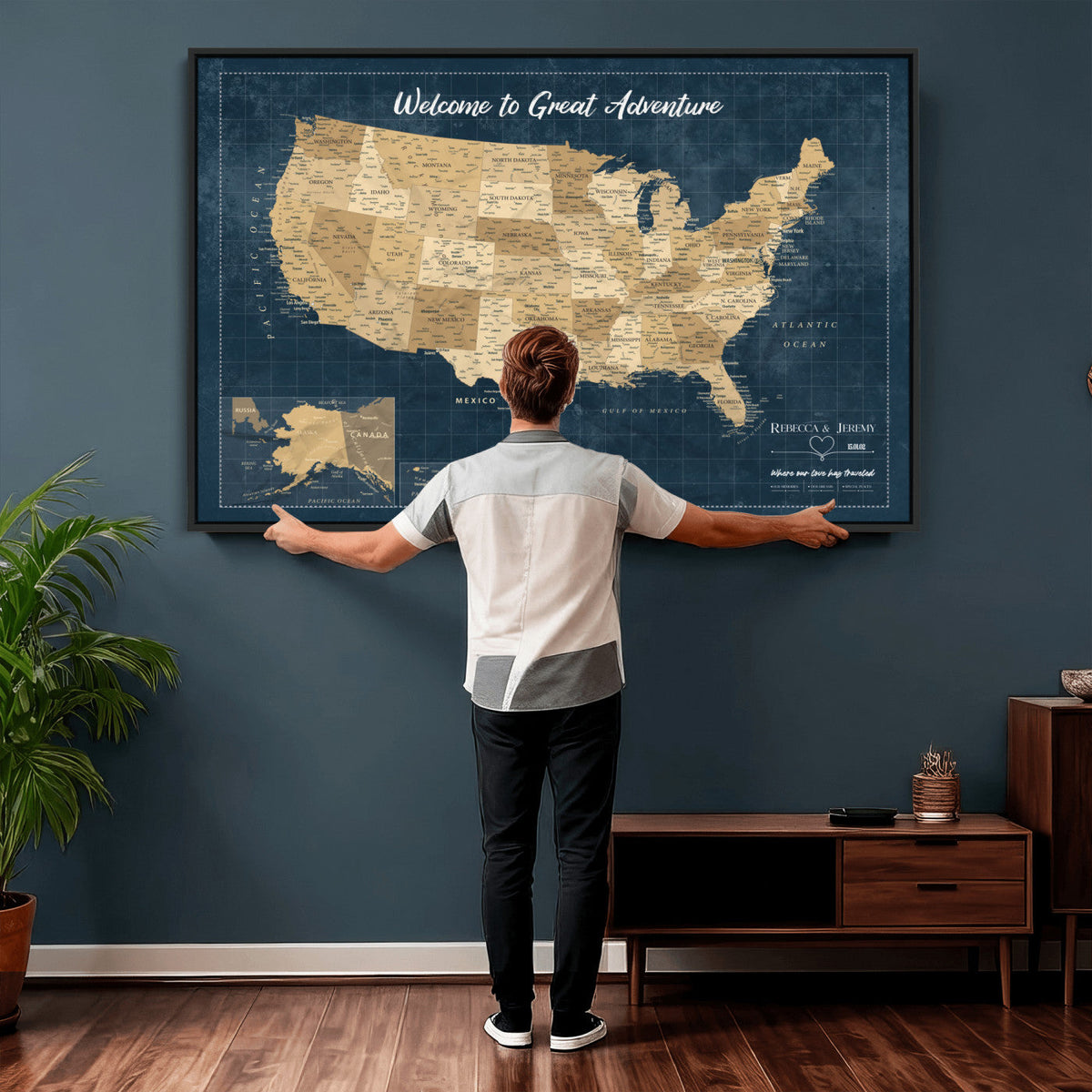 58851035-MGV-CV-36X24 - Custom Cream Push Pin USA Map Canvas Print, 50 State Bucket List Map, Family Room and Hallway Decor