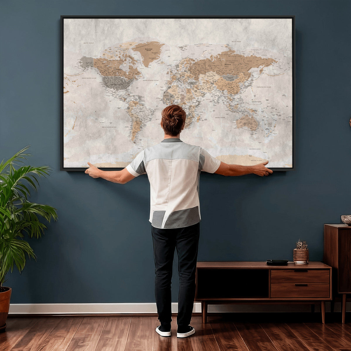 18074626DD-MGV-CV-36X24 - Extra Large Framed Personalize Push Pin World Map Wall Art Canvas Print for Travel Tracking NEWMAP - 009