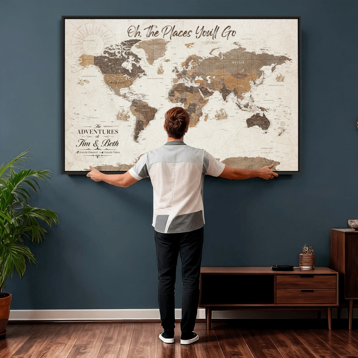 Personalized Beige Geometric Family Push Pin World Map Canvas Print, Honeymoon and Anniversary Gift, Living Room and Study Decor