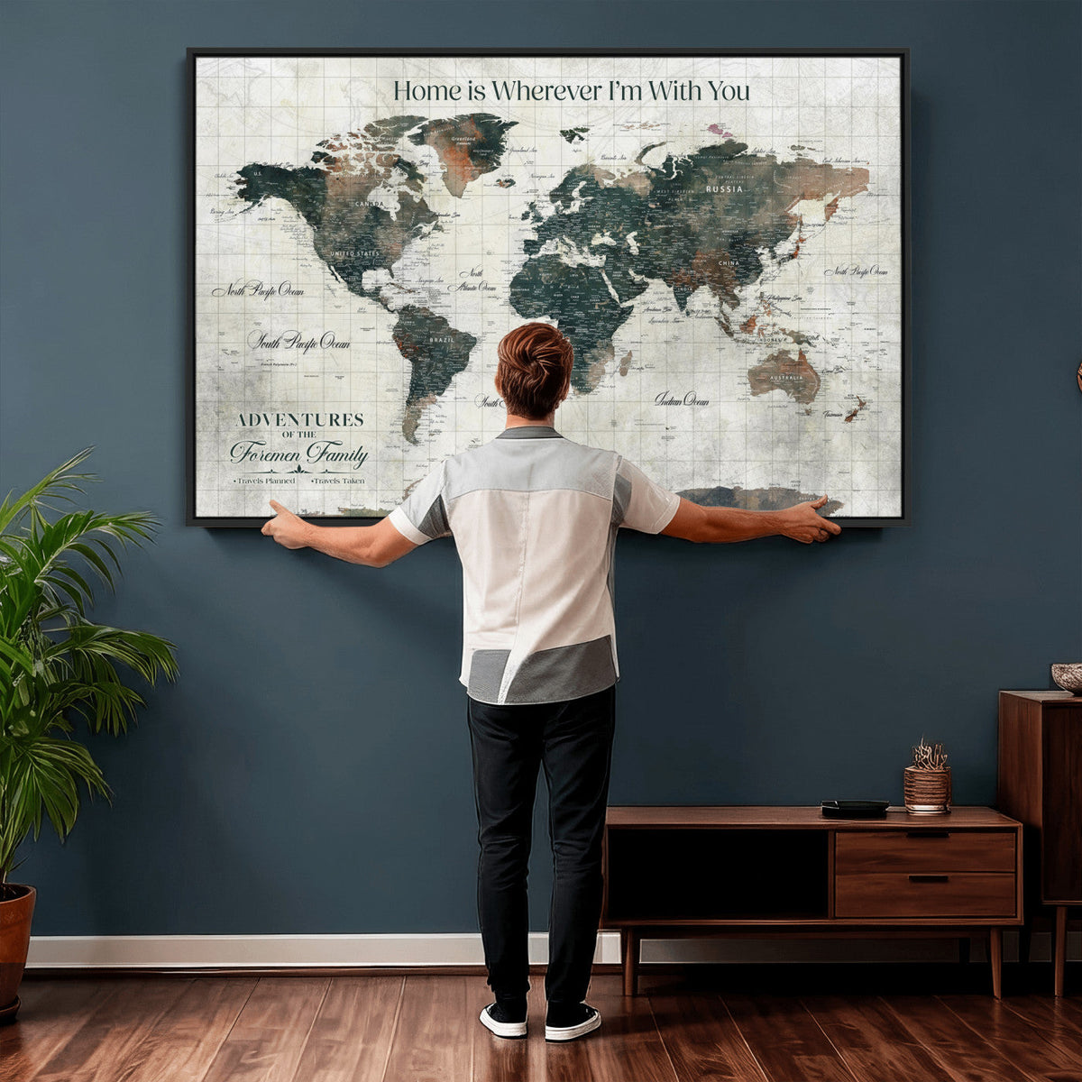 Personalized Framed Beige Push Pin Travel Map Canvas Print, Family Travel Tracker, Home Office and Hallway Decor