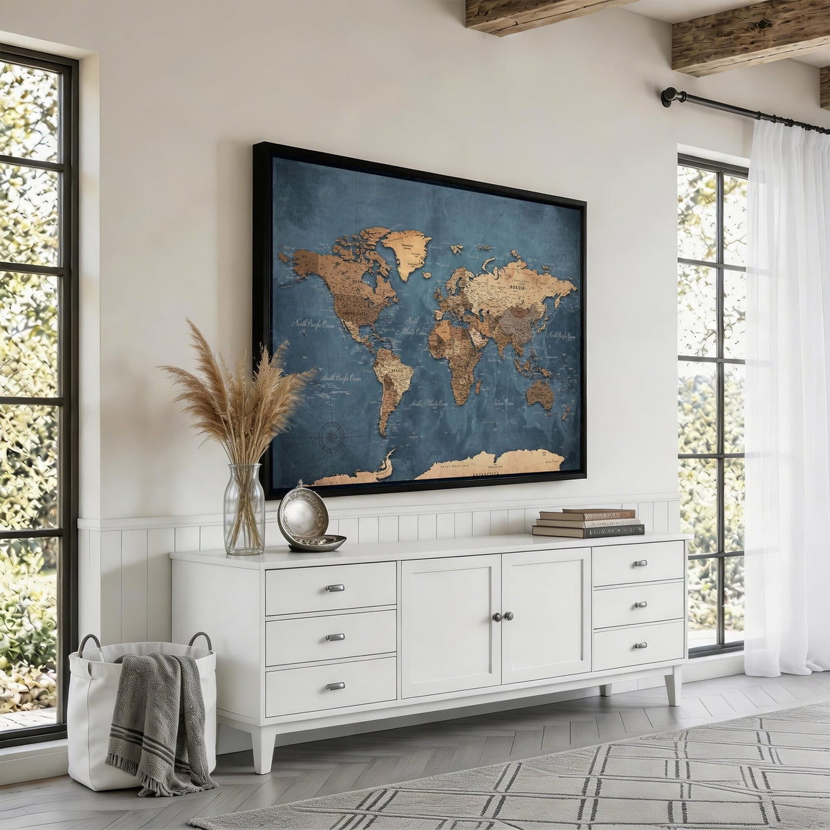 81949666D-MGV-CV-36X24 - Custom Push Pin World Map Wall Art Canvas Print – Personalized Travel Tracker with Pins Framed Large for Home and Office Decor
