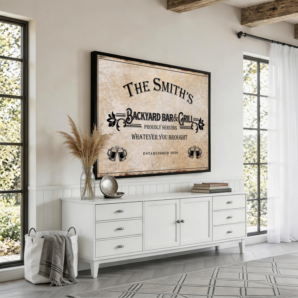 Custom Backyard Bar & Grill Sign, Personalized Family Name Arch Canvas