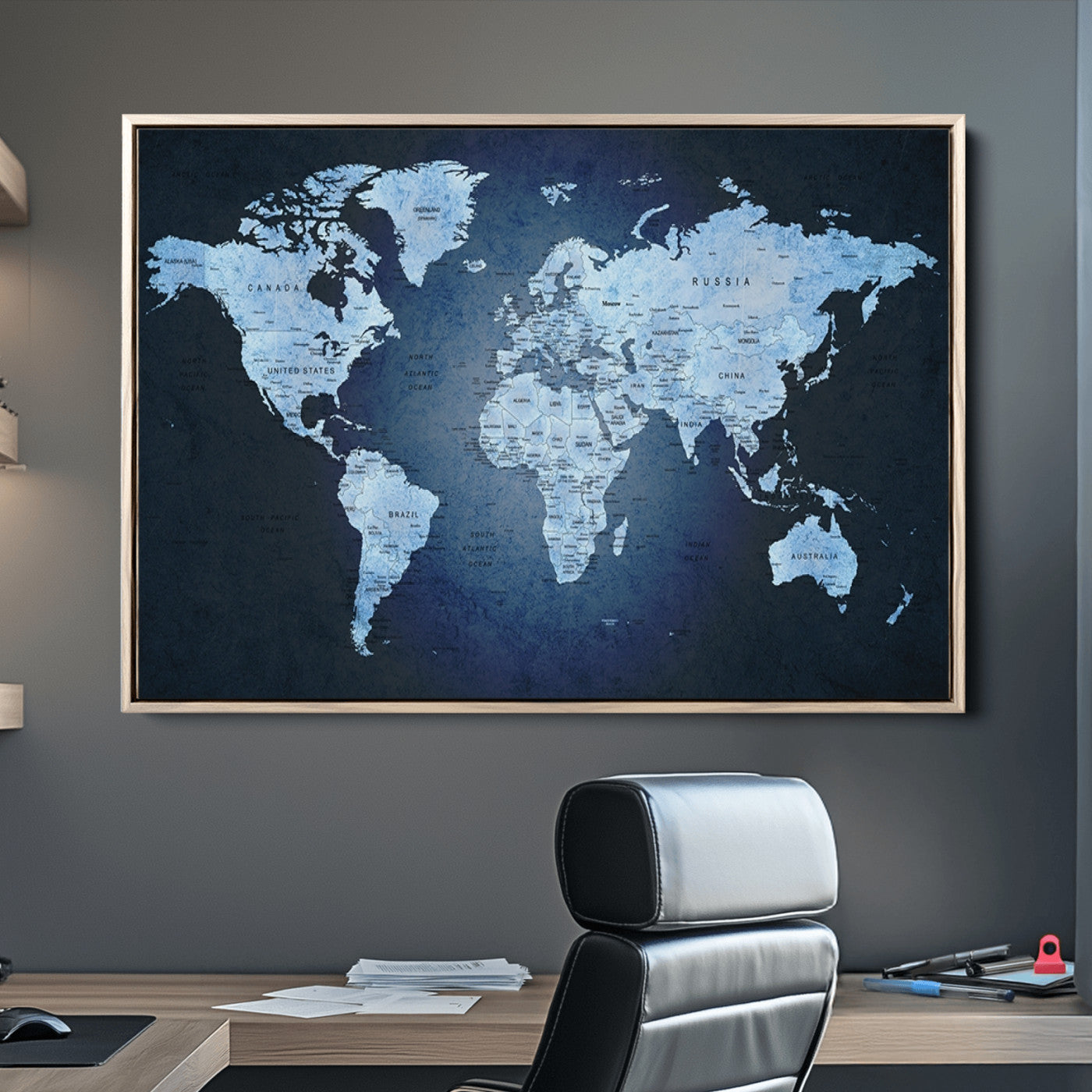 Push Pin World Map Canvas Print – Framed Wall Art for Couples to Track Their Travels – Anniversary Gift or Home Adventure Decor