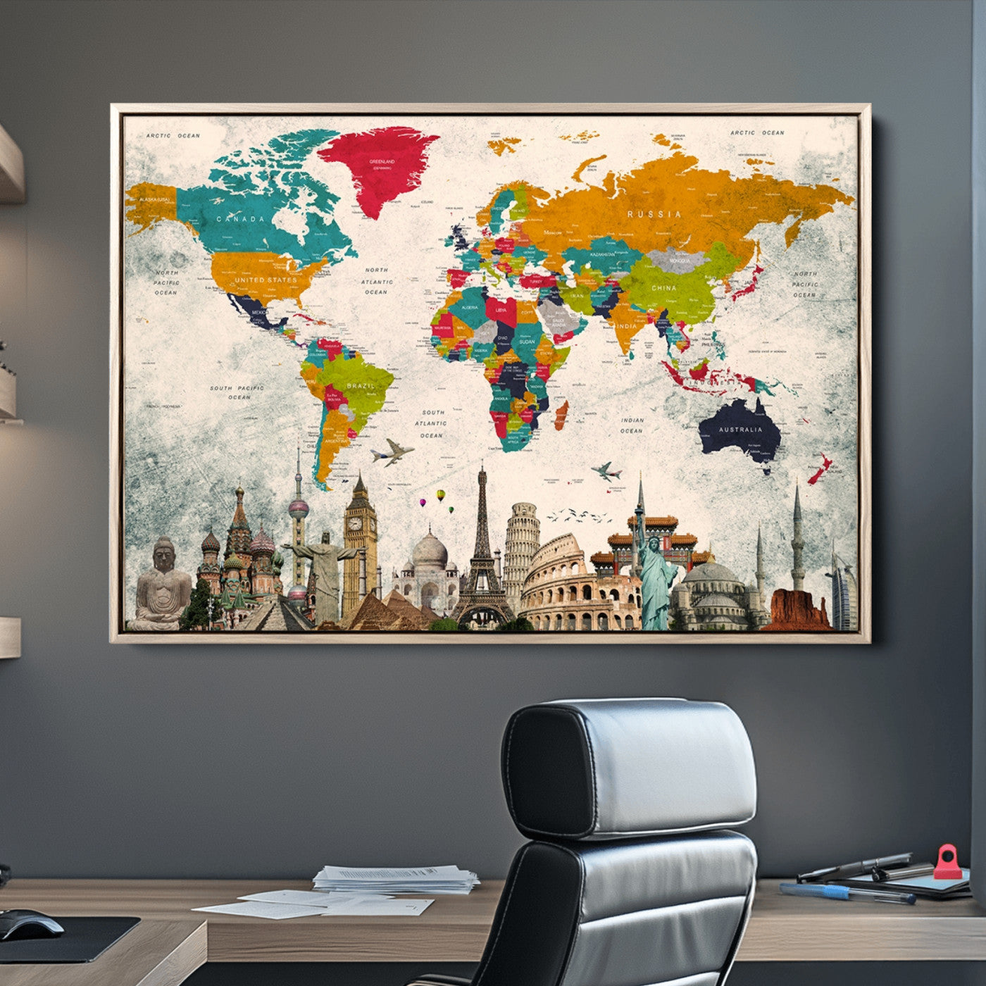 Push Pin World Map Canvas Print – Framed Wall Art for Couples to Track Their Travels – Anniversary Gift or Home Adventure Decor