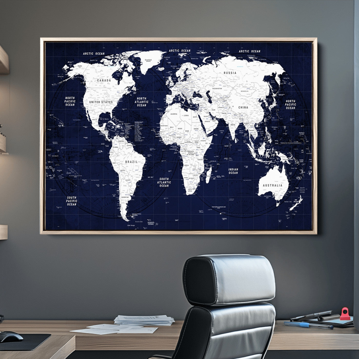 Push Pin World Map Canvas Print – Framed Wall Art for Couples to Track Their Travels – Anniversary Gift or Home Adventure Decor