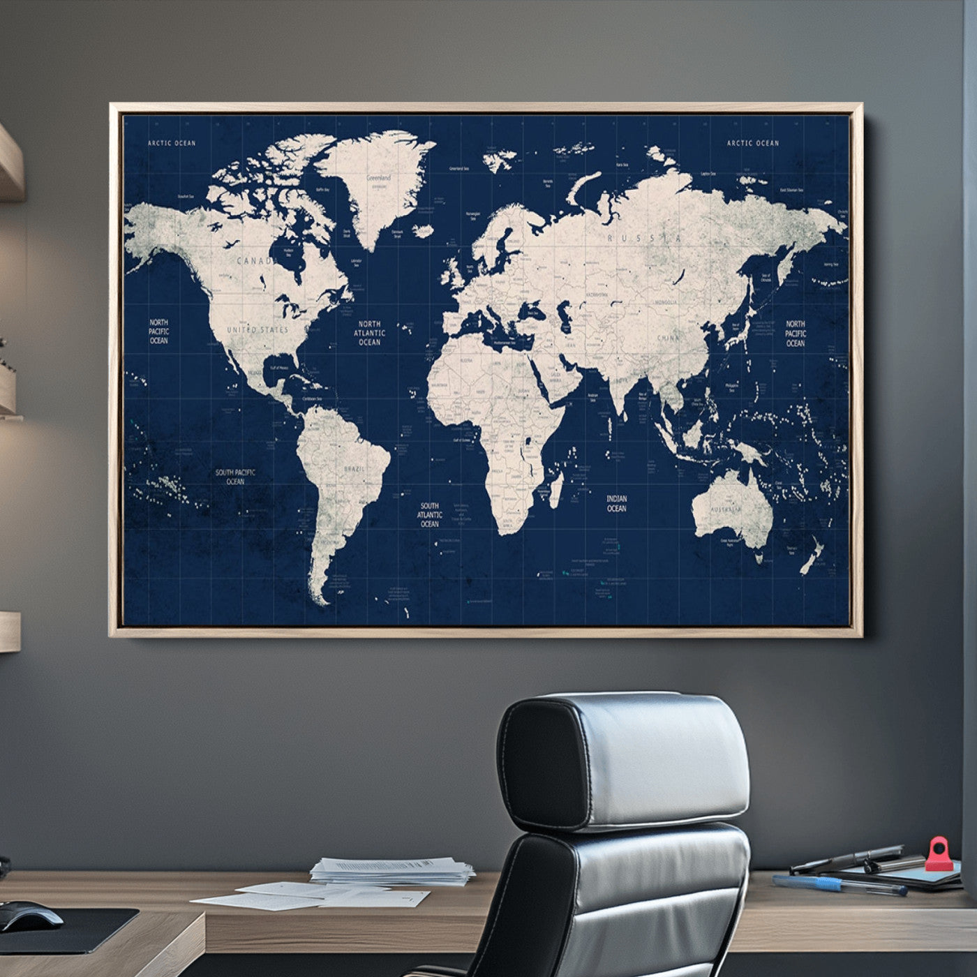 Push Pin World Map Canvas Print – Framed Wall Art for Couples to Track Their Travels – Anniversary Gift or Home Adventure Decor