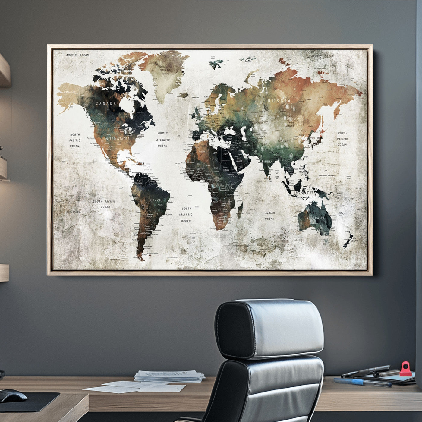 Push Pin World Map Canvas Print – Framed Wall Art for Couples to Track Their Travels – Anniversary Gift or Home Adventure Decor