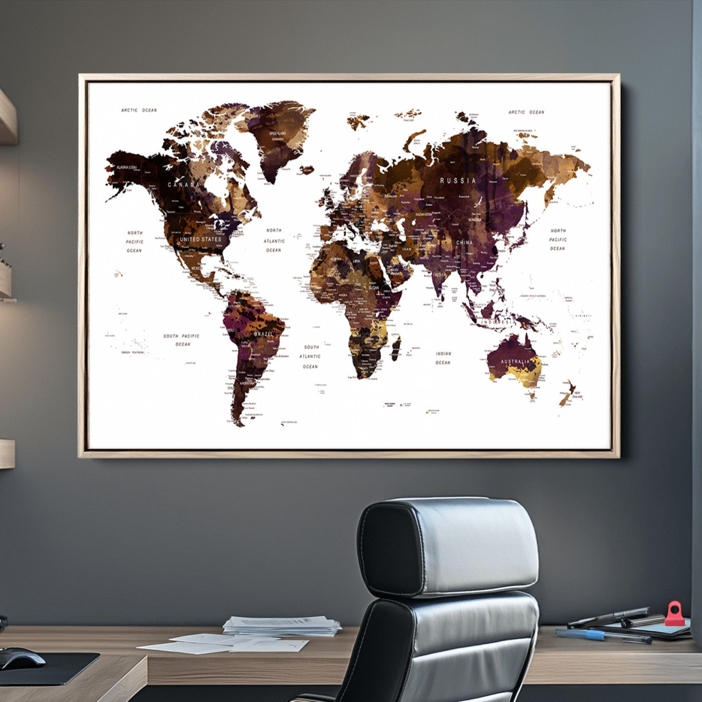 Push Pin World Map Canvas Print – Framed Wall Art for Couples to Track Their Travels – Anniversary Gift or Home Adventure Decor