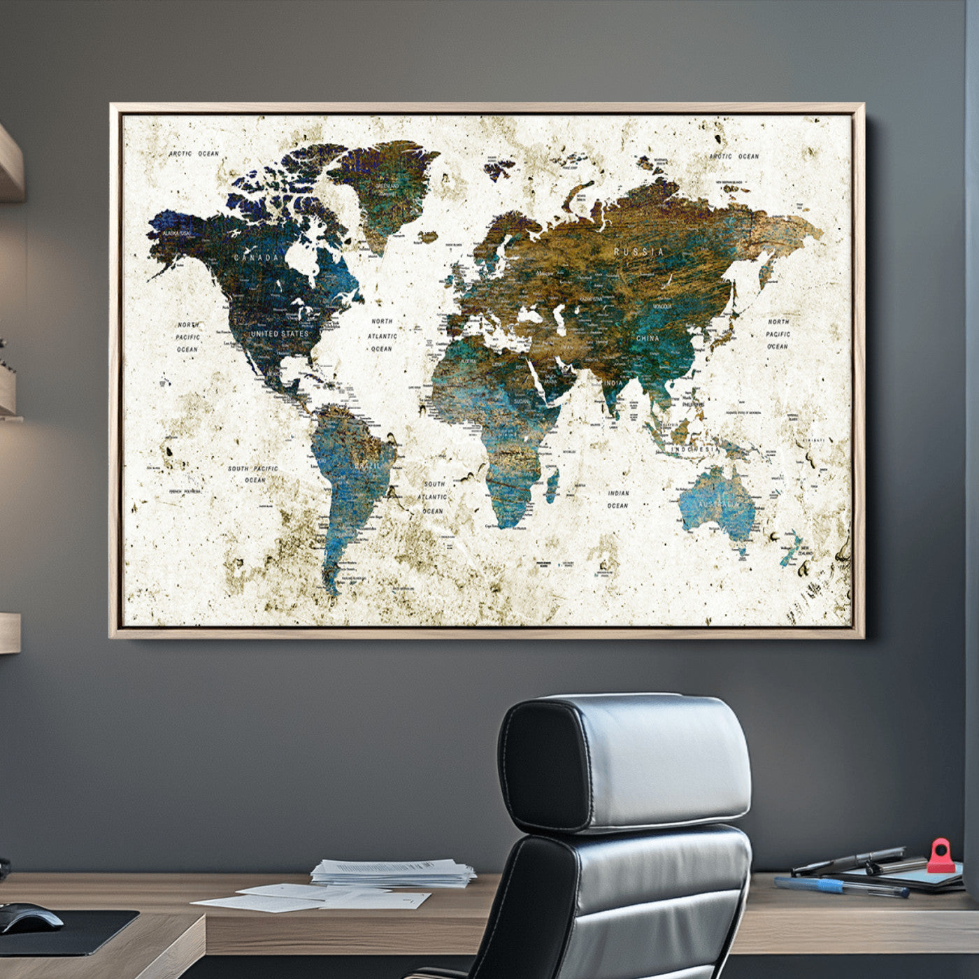 Push Pin World Map Canvas Print – Framed Wall Art for Couples to Track Their Travels – Anniversary Gift or Home Adventure Decor