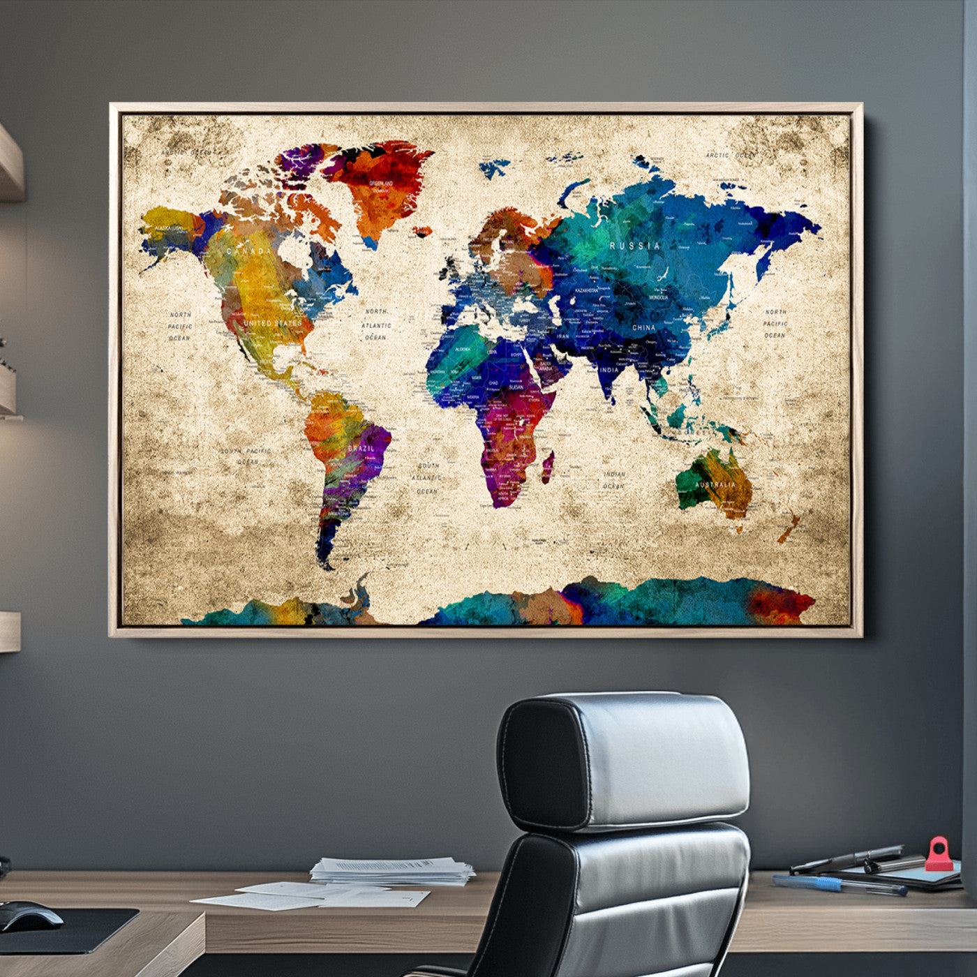 Push Pin World Map Canvas Print – Framed Wall Art for Couples to Track Their Travels – Anniversary Gift or Home Adventure Decor