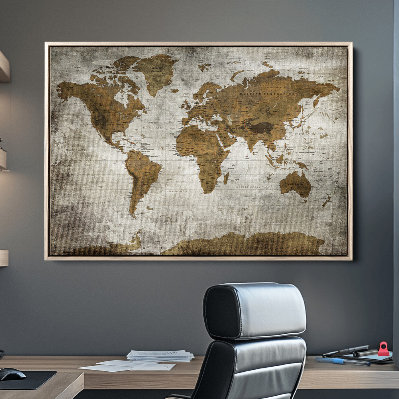Push Pin World Map Canvas Print – Framed Wall Art for Couples to Track Their Travels – Anniversary Gift or Home Adventure Decor