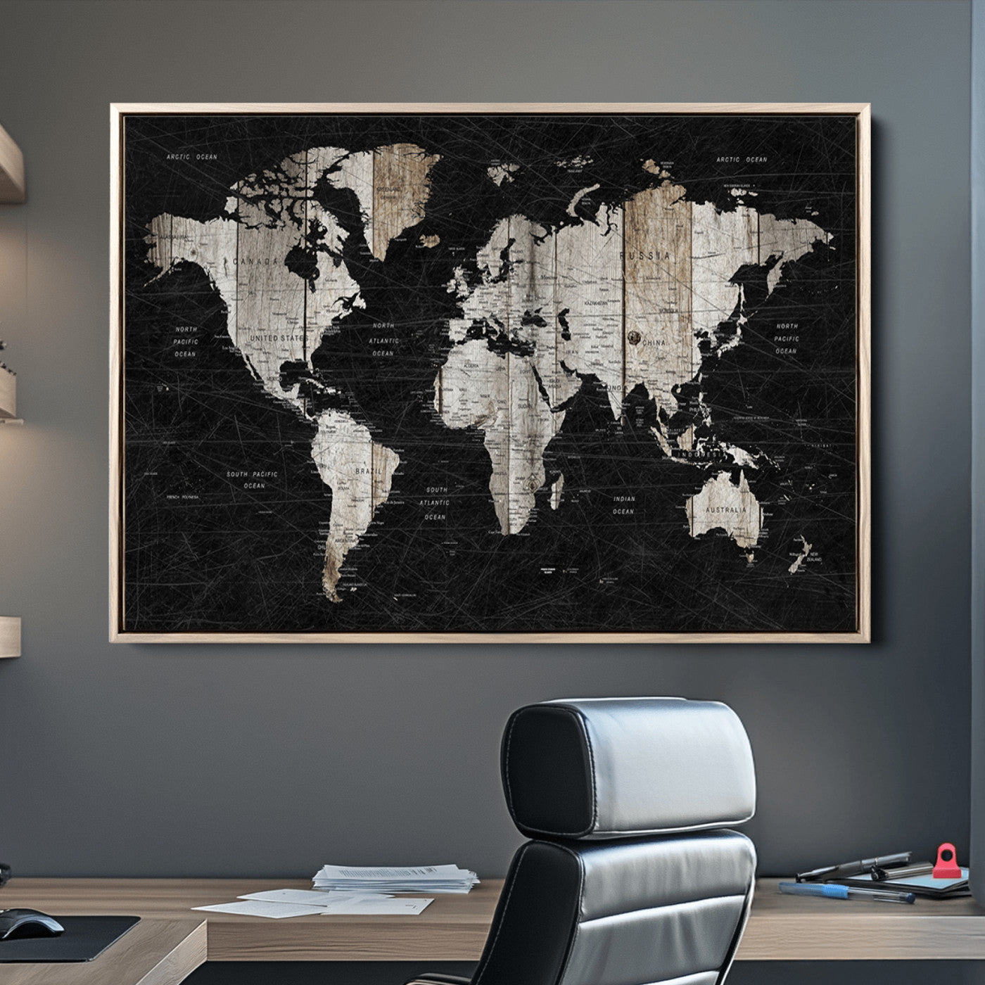 Push Pin World Map Canvas Print – Framed Wall Art for Couples to Track Their Travels – Anniversary Gift or Home Adventure Decor