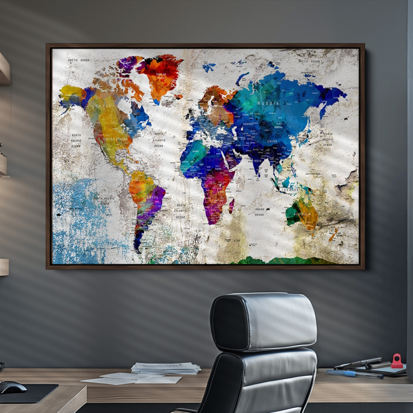 Push Pin World Map Canvas Print – Framed Wall Art for Couples to Track Their Travels – Anniversary Gift or Home Adventure Decor