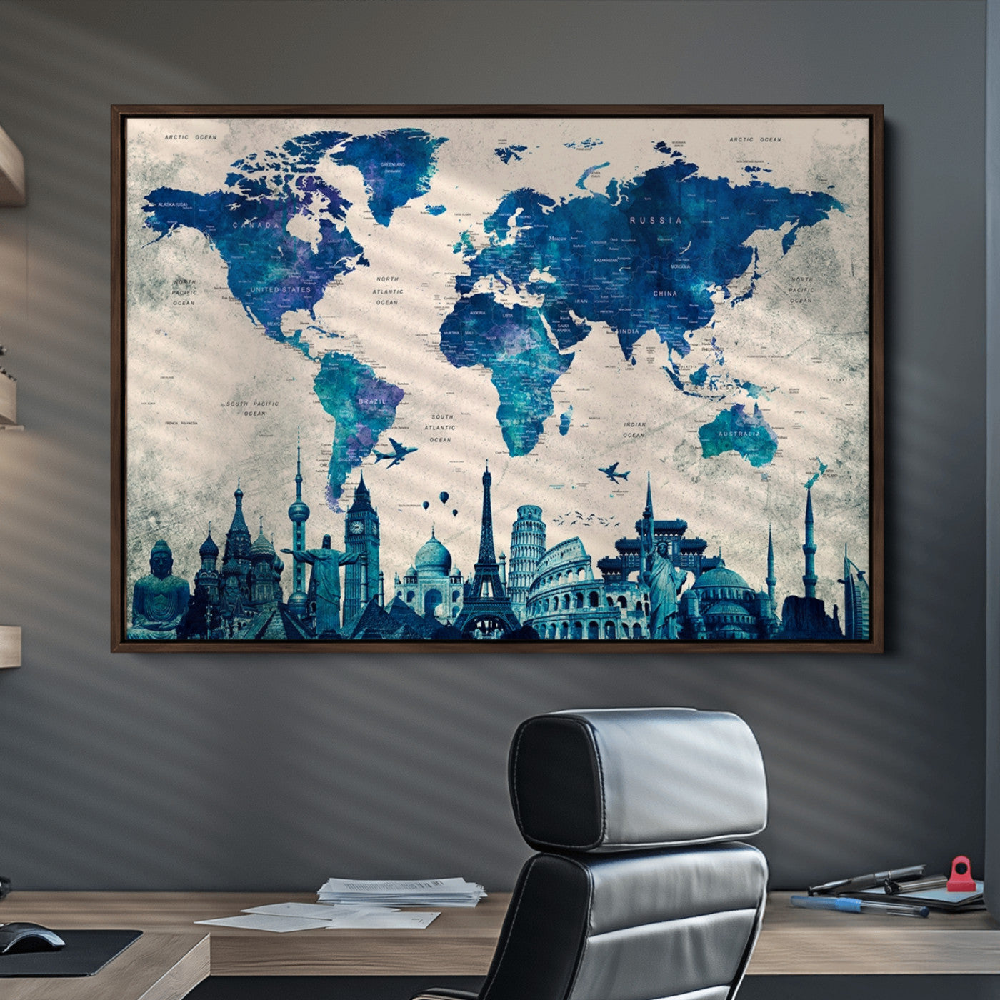 Navy Blue World Map Canvas Print, Wonder of World Map Push Pin Canvas Print