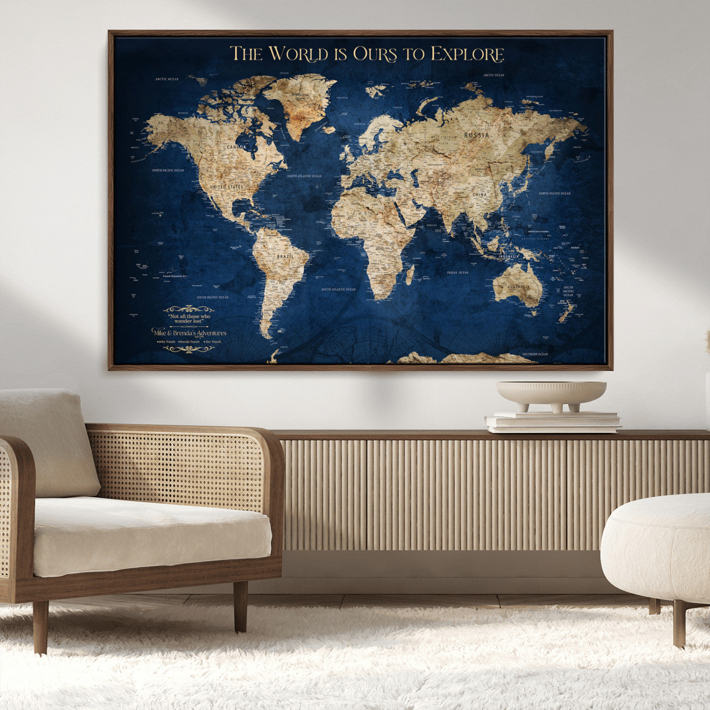 Custom World Map Wall Art – Personalized Framed Canvas Print with Push Pins for Travel Tracking, Anniversary or Couple Gift Ideas - H2-2