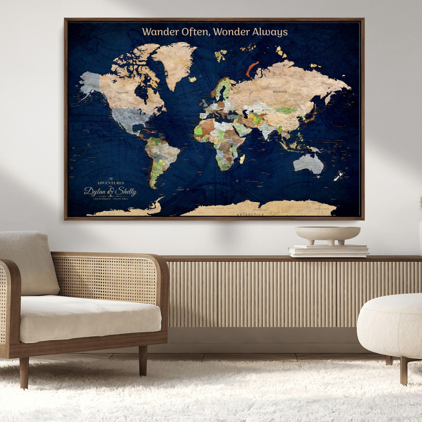 12399561-MGV-CV-30X20-Personalized World Map Print, Customizable Push Pin Framed World Map Print on Canvas - Custom Quote on Map Print