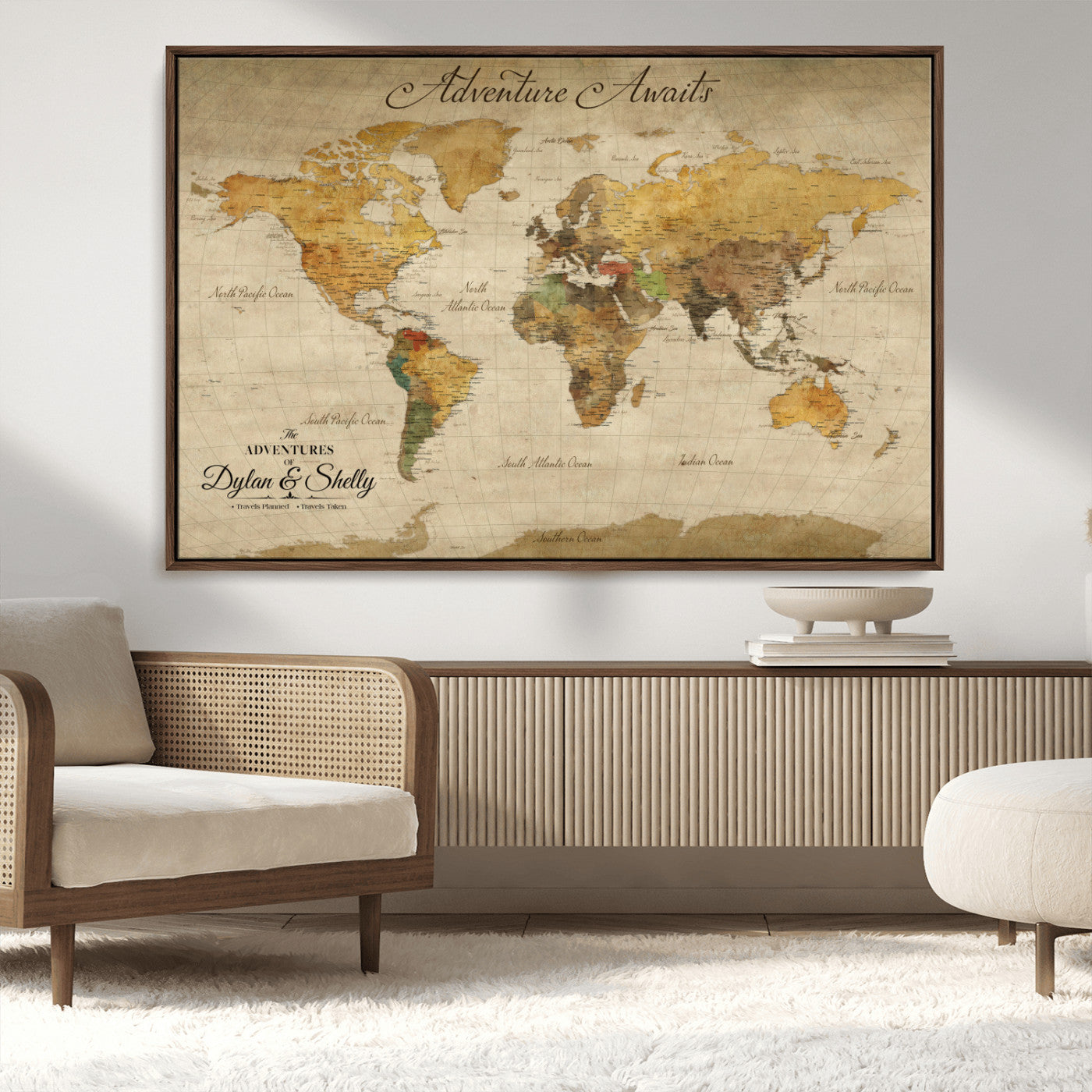 50298017-MGV-CV-36X24-Personalized World Map Print, Customizable Push Pin Framed World Map Print on Canvas - Custom Quote on Map Print