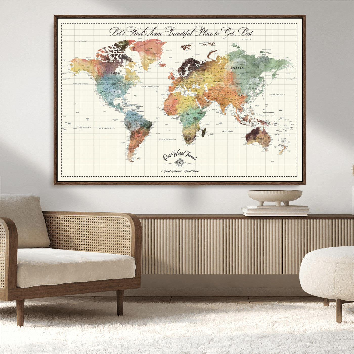 29289638-MGV-CV-36X24-Personalized World Map Print - Customizable Push Pin Framed World Map Print on Canvas - Custom Quote on Map Print