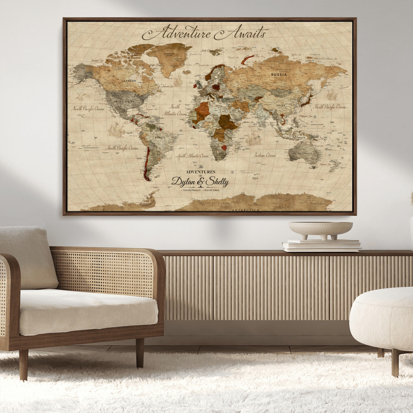 29054239-MGV-CV-36X24-Personalized World Map Print - Customizable Push Pin Framed World Map Print on Canvas - Custom Quote on Map Print