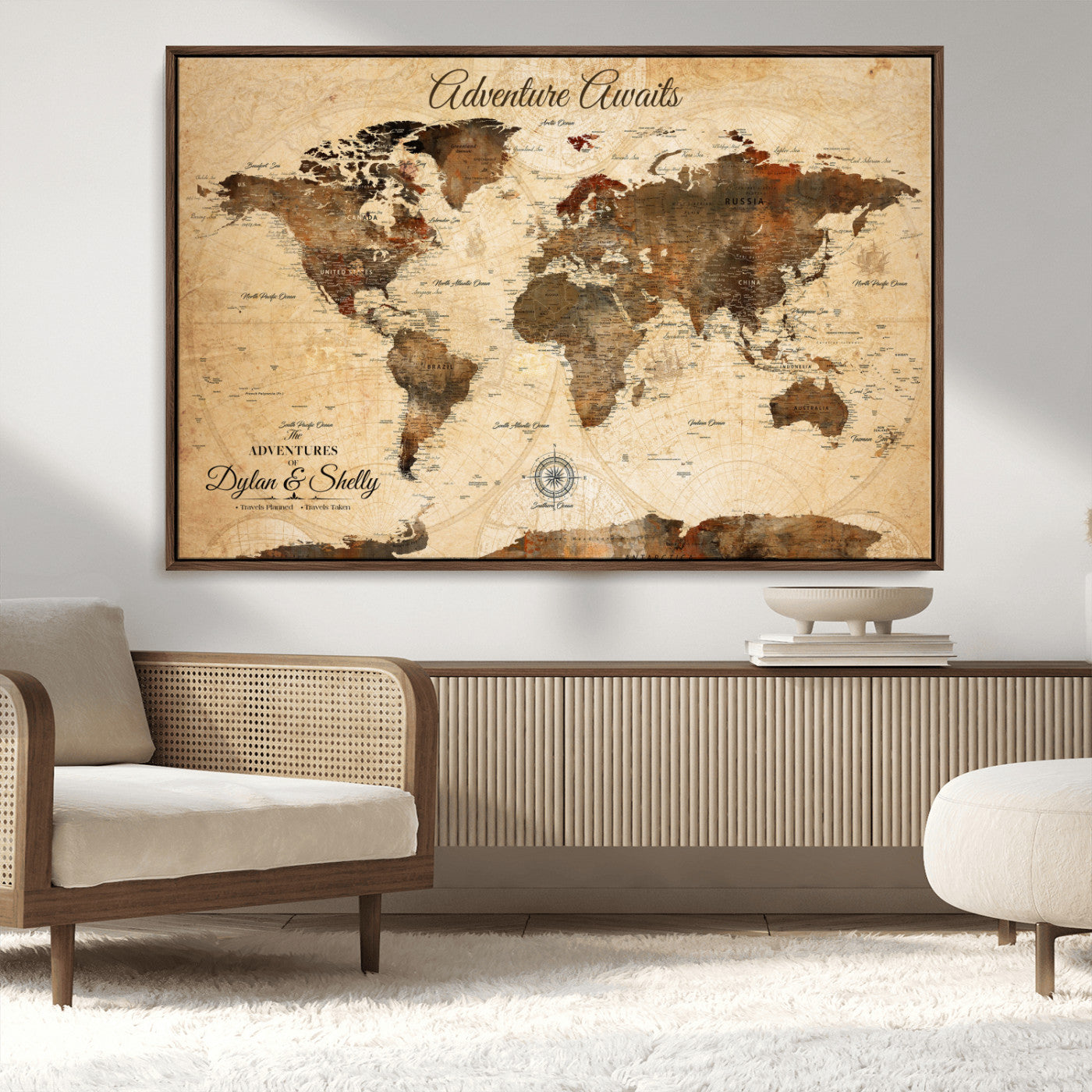 66357947-MGV-CV-36X24-Personalized World Map Print, Customizable Push Pin Framed World Map Print on Canvas - Custom Quote on Map Print