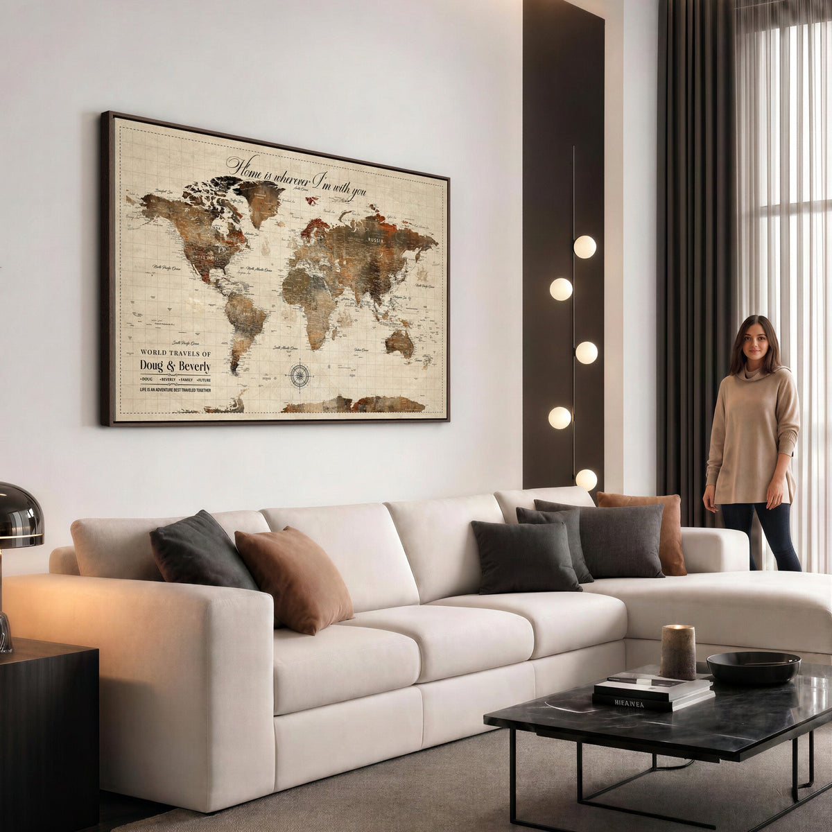 Large Custom Framed Beige Vintage World Travel Map Wall Art with Pins, Couples Countries Visited Map, Living Room and Hallway Decor